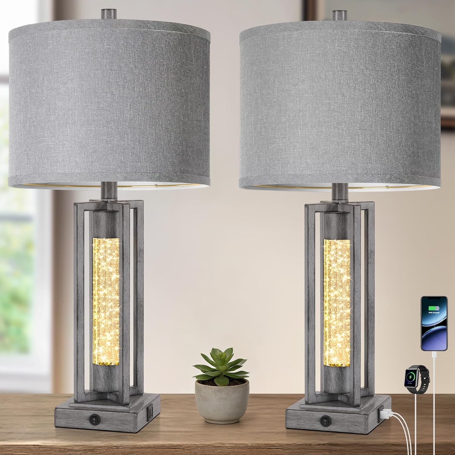 USB Farmhouse Black Bedside Lamp — Set of 2 — 2 Packs-Gray