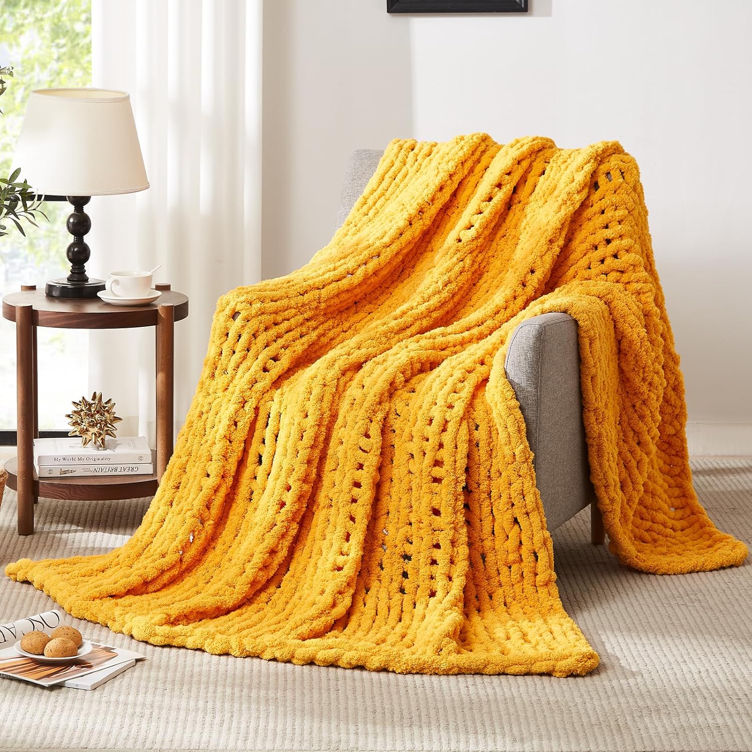 Knit Beige Throw Pillow — 50" — Mustard Yellow