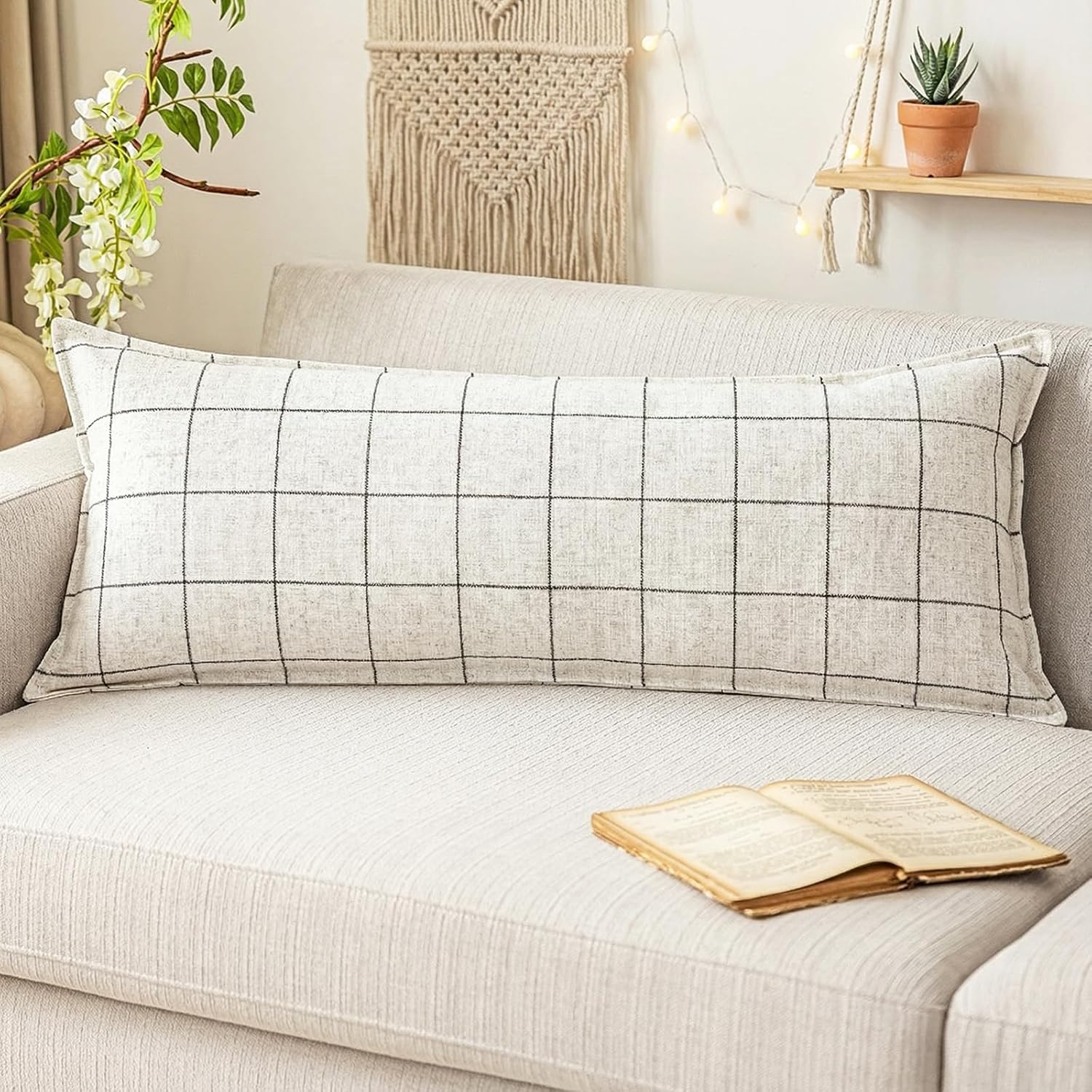 Linen Boho Beige Throw Pillow Cover — 20" — Beige & Black Plaid 1 Pack