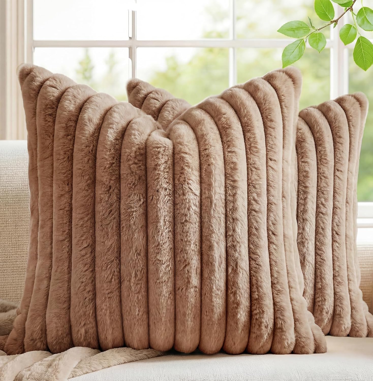 Velvet Farmhouse Beige Throw Pillow Cover — 18" — Khaki