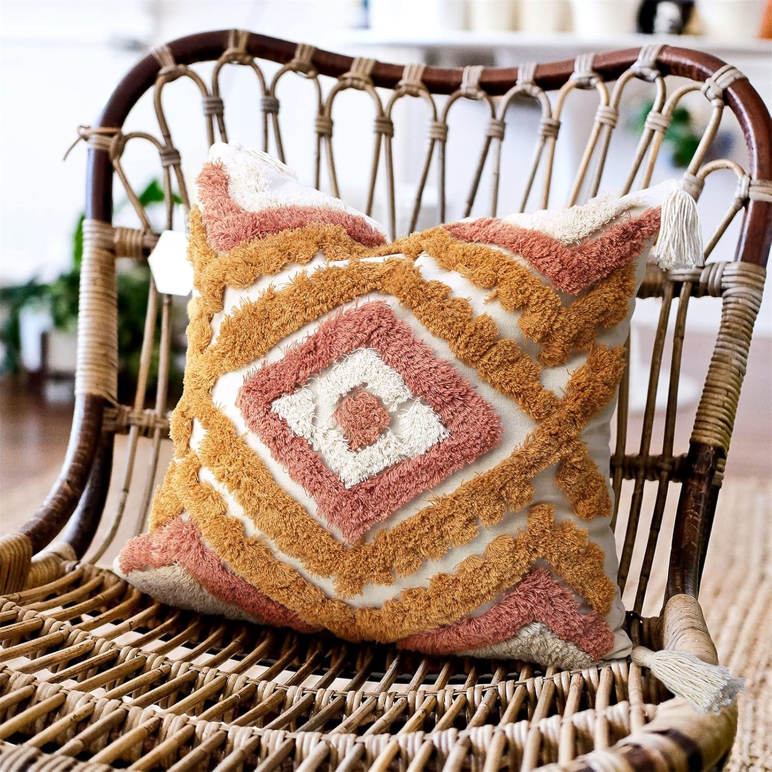 Tufted Boho Orange Throw Pillow Cover — 20" — Orange-a