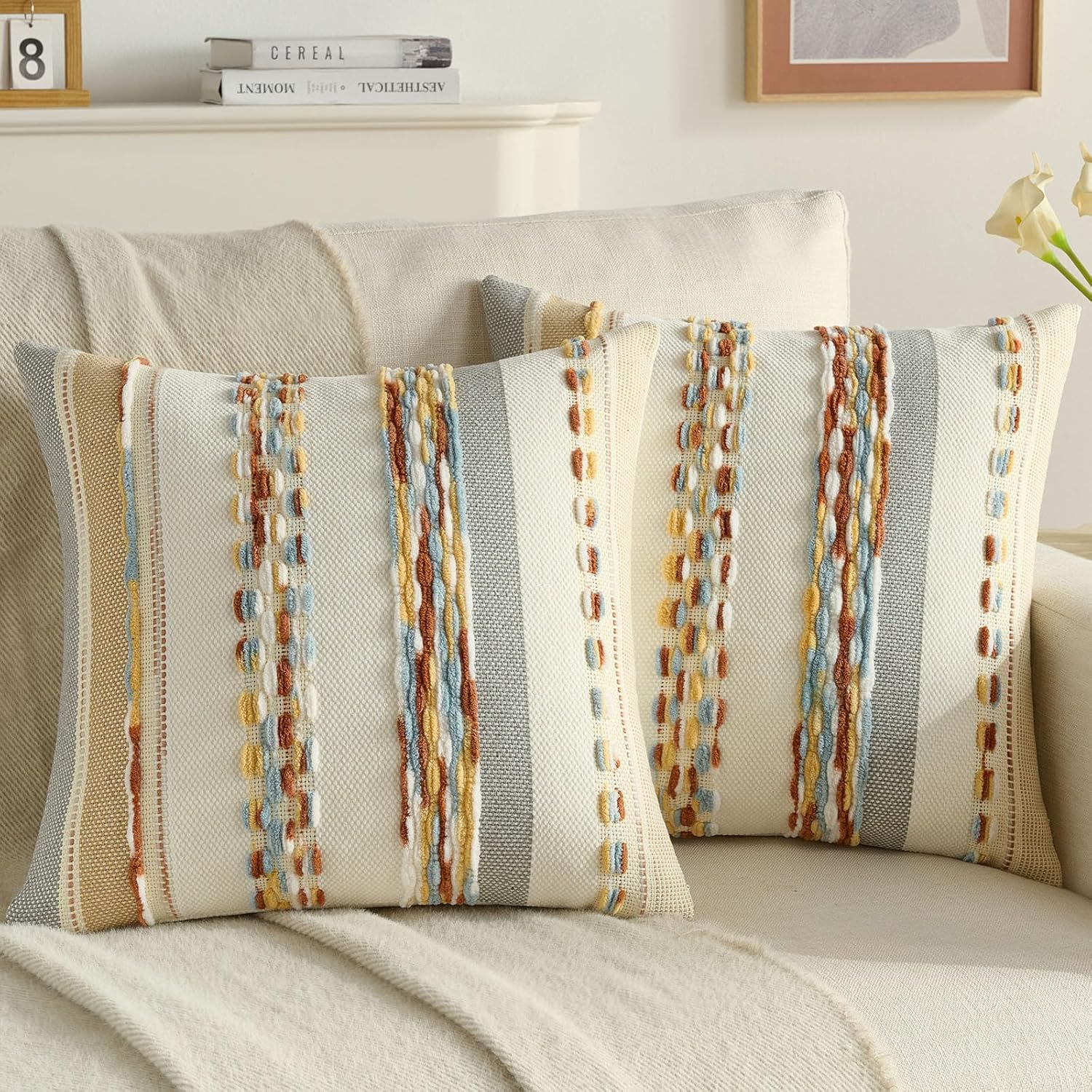 Tufted Boho Beige Throw Pillow Cover — 18" — Rust Blue Yellow