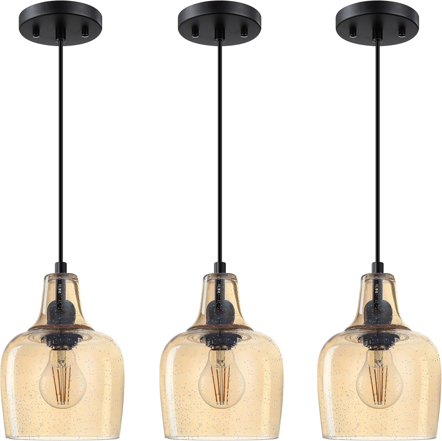 Farmhouse Black Ceiling Light — 1-Light — Amber Glass Black 3 Pack