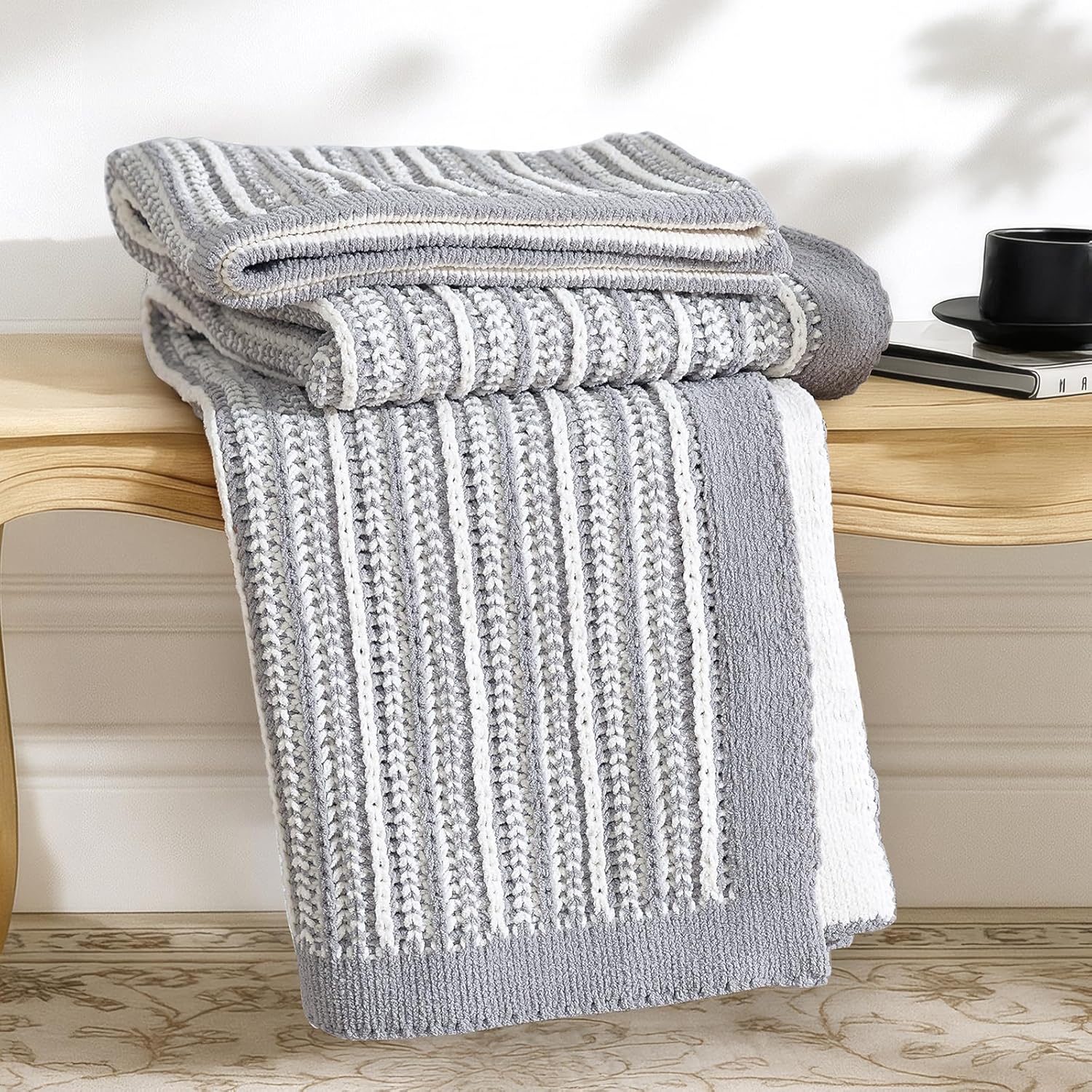 Knit Farmhouse Beige Throw Pillow — 50" — Two-tone Striped – Gray & White