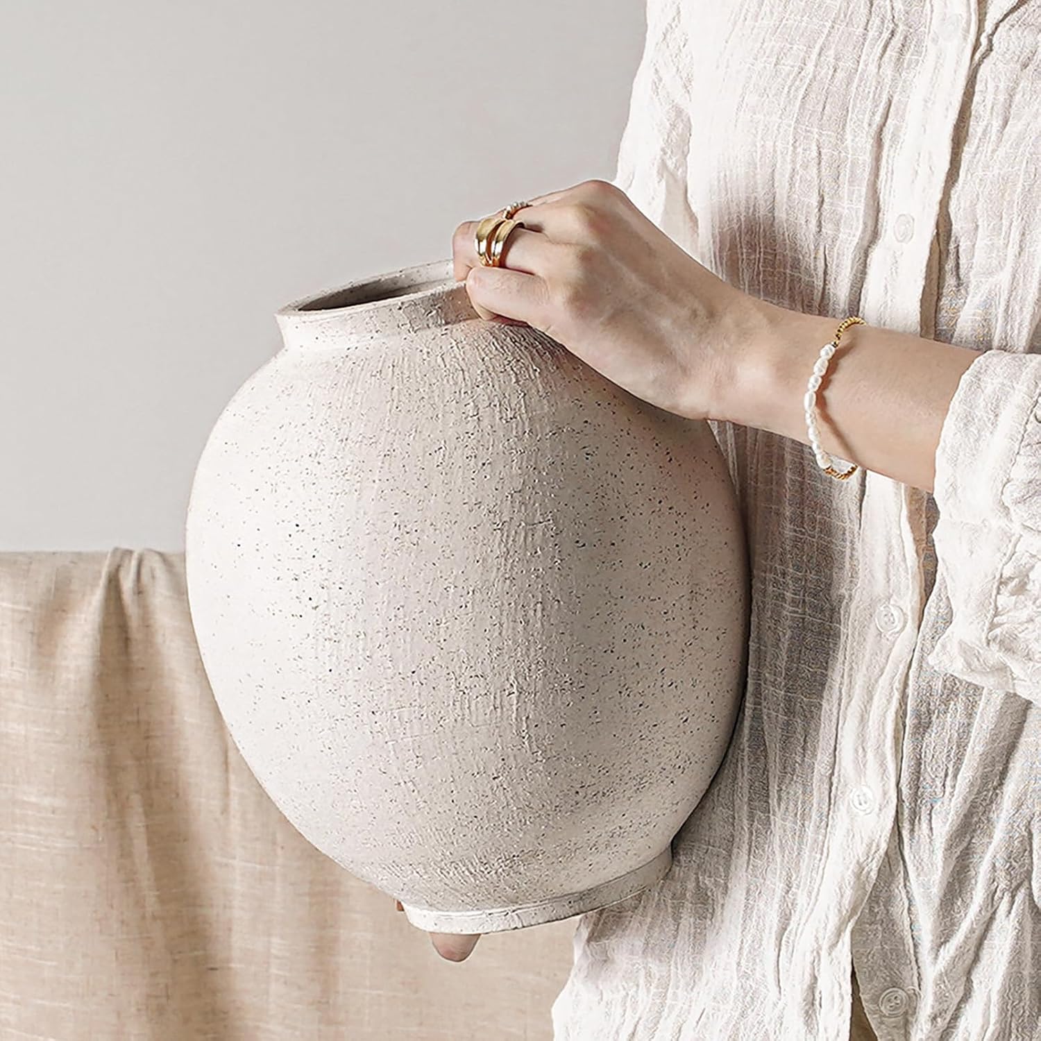 Farmhouse Beige Flower Vase — 8" — Sandstone White