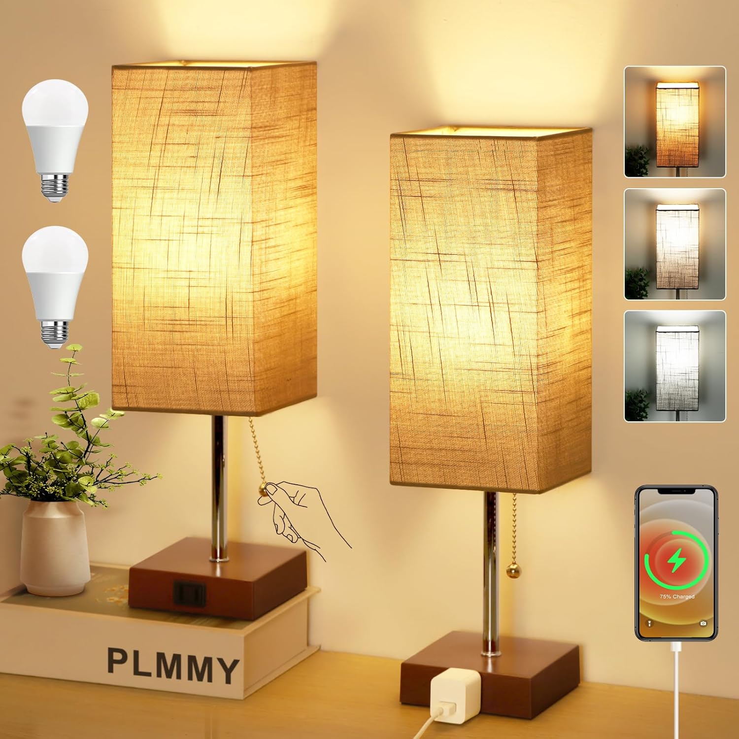 Black Bedside Lamp — 15" — Gray Shade-Brown Base