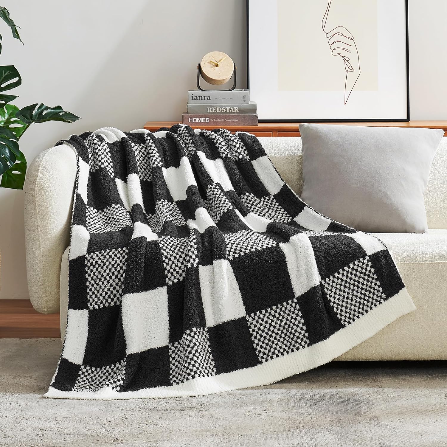 Beige Throw Pillow — 50" — Checker Black White
