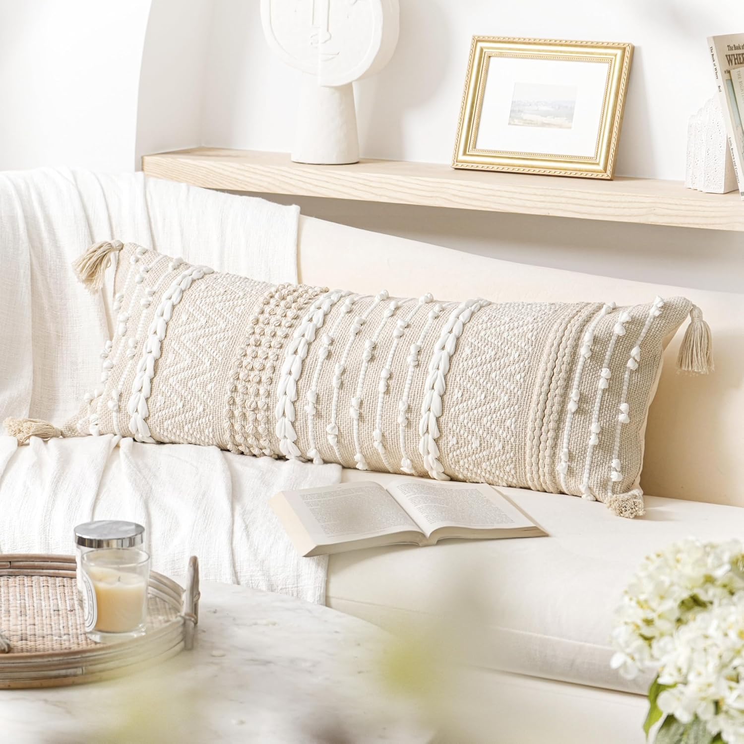 Lumbar Boho Beige Throw Pillow Cover — 36" - View 6