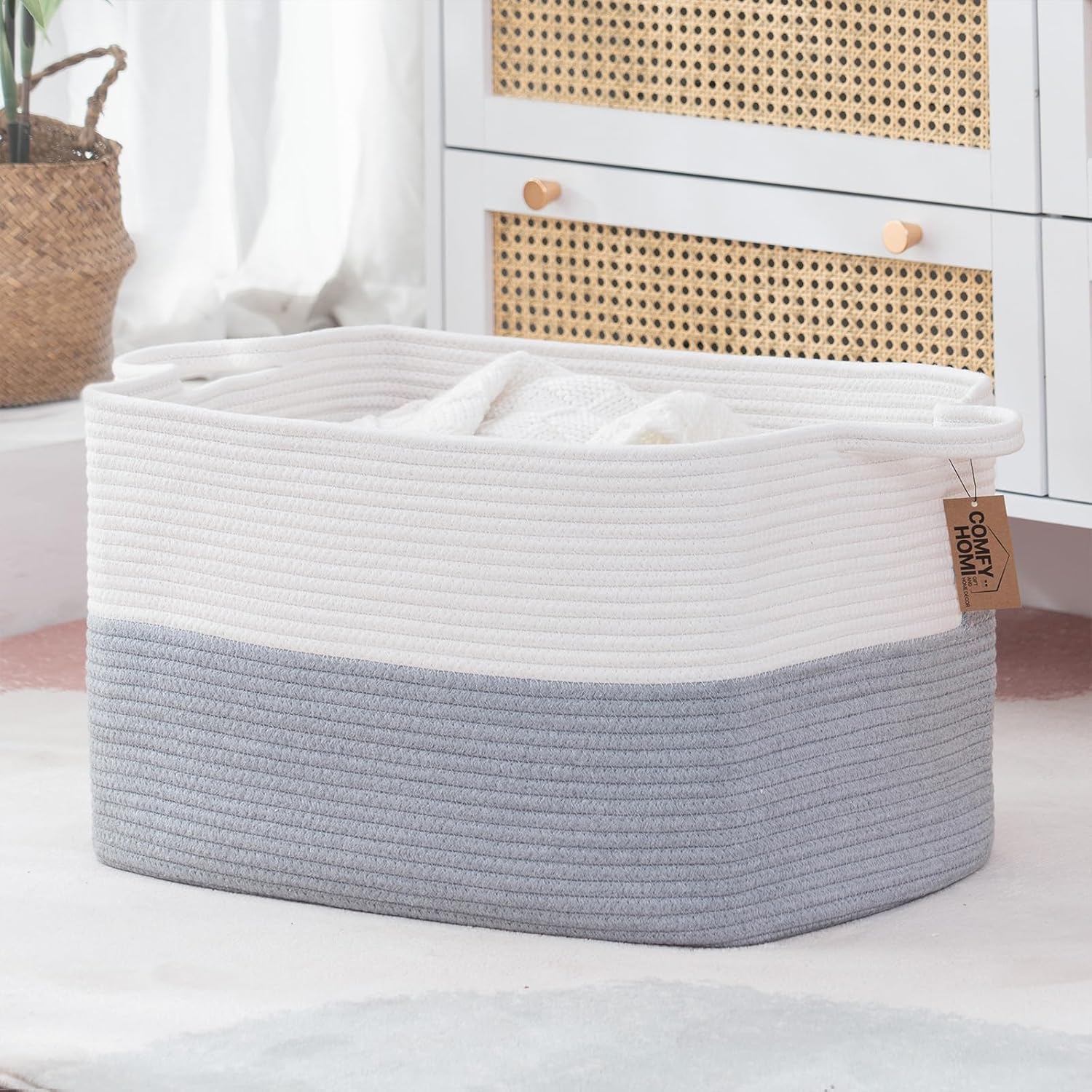 Boho Beige Woven Basket — 13.5" — 22''x15''x12''