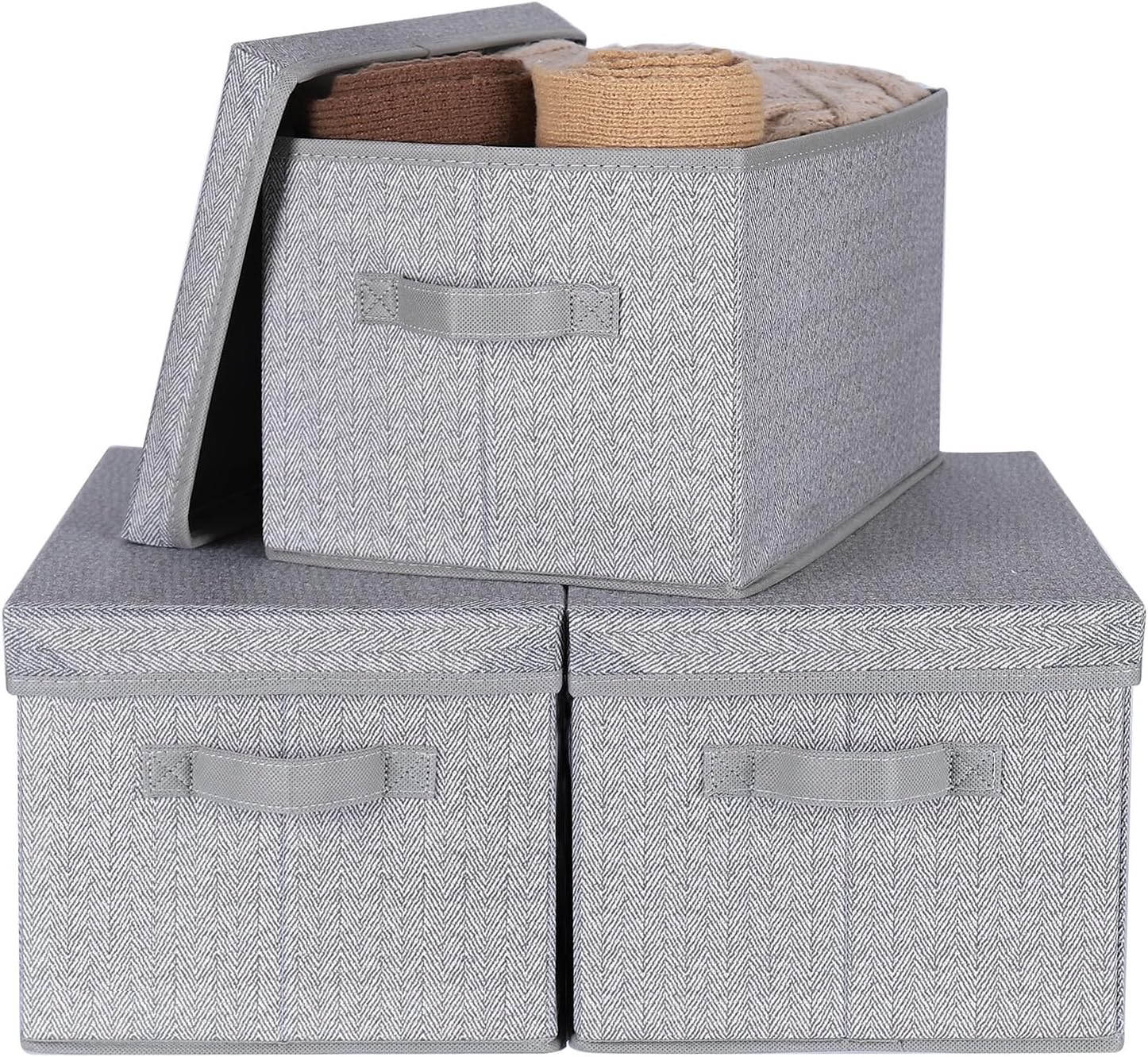 Beige Storage Bin — Herringbone Gray
