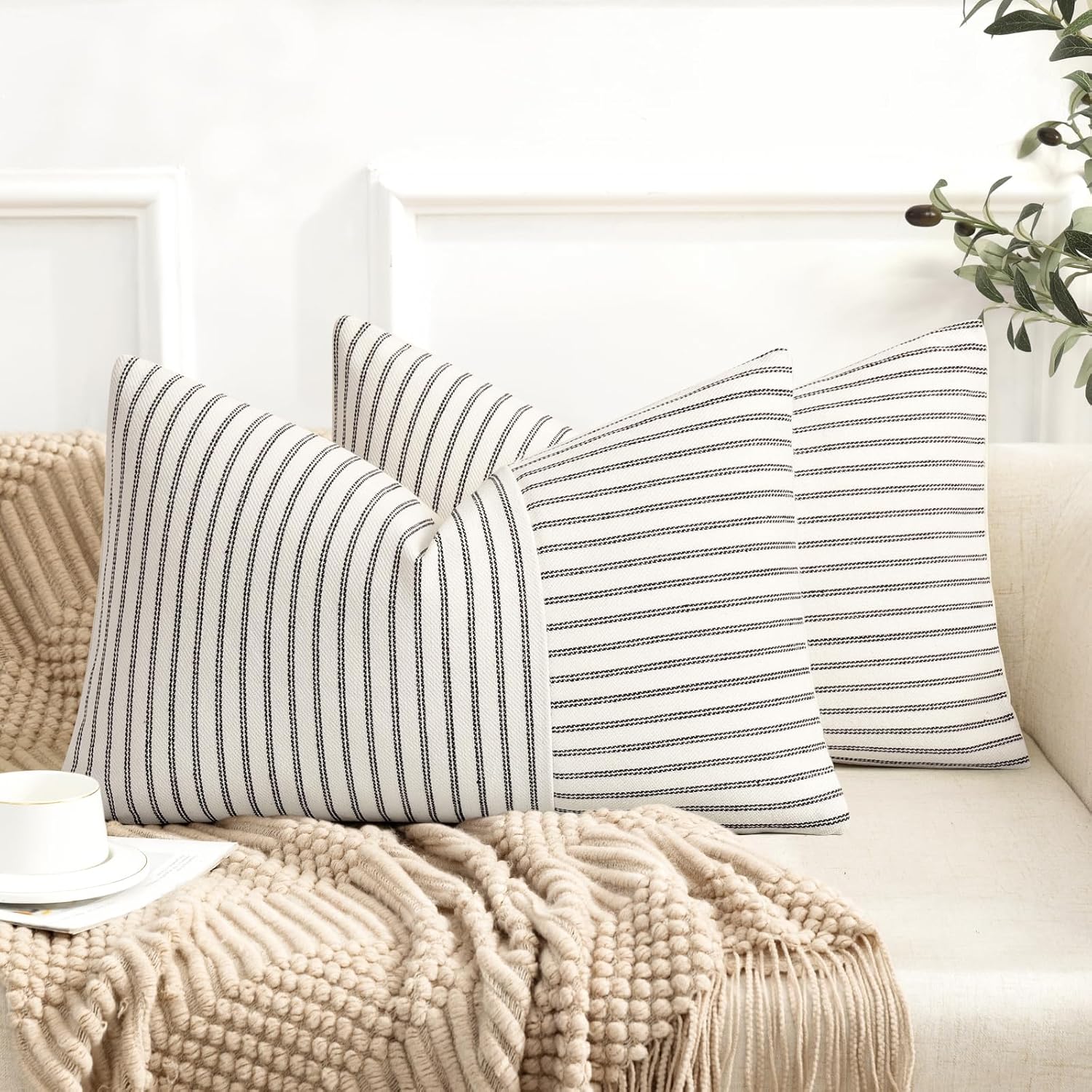 Linen Boho Beige Throw Pillow Cover — 18" — Black
