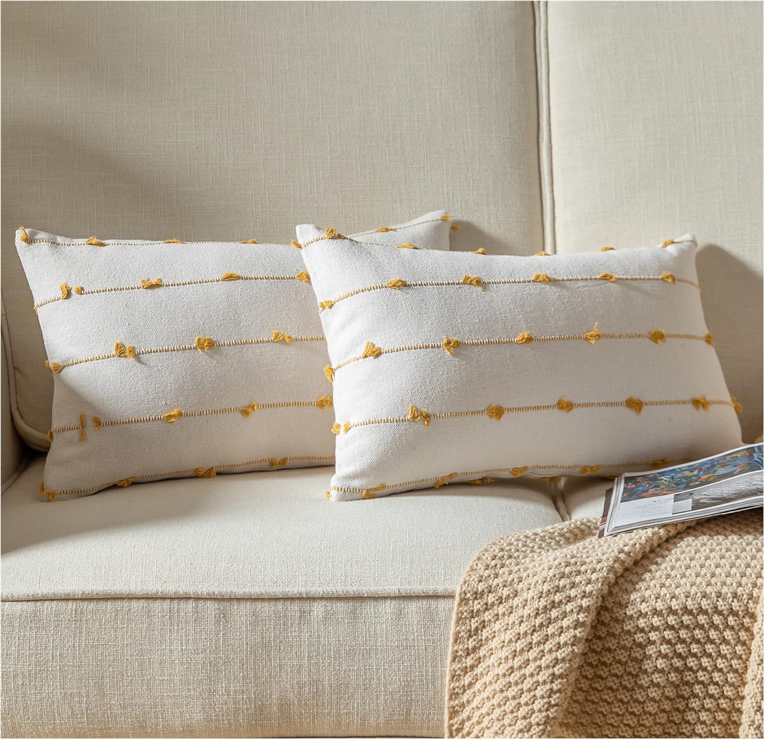 Boho Black Throw Pillow Cover — 22" — Yellow Off White
