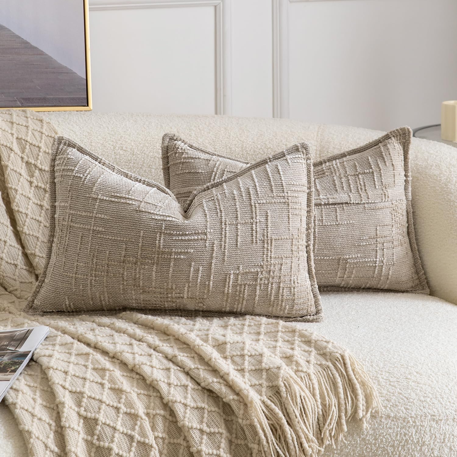 Chenille Boho Beige Throw Pillow Cover — 18" — Taupe