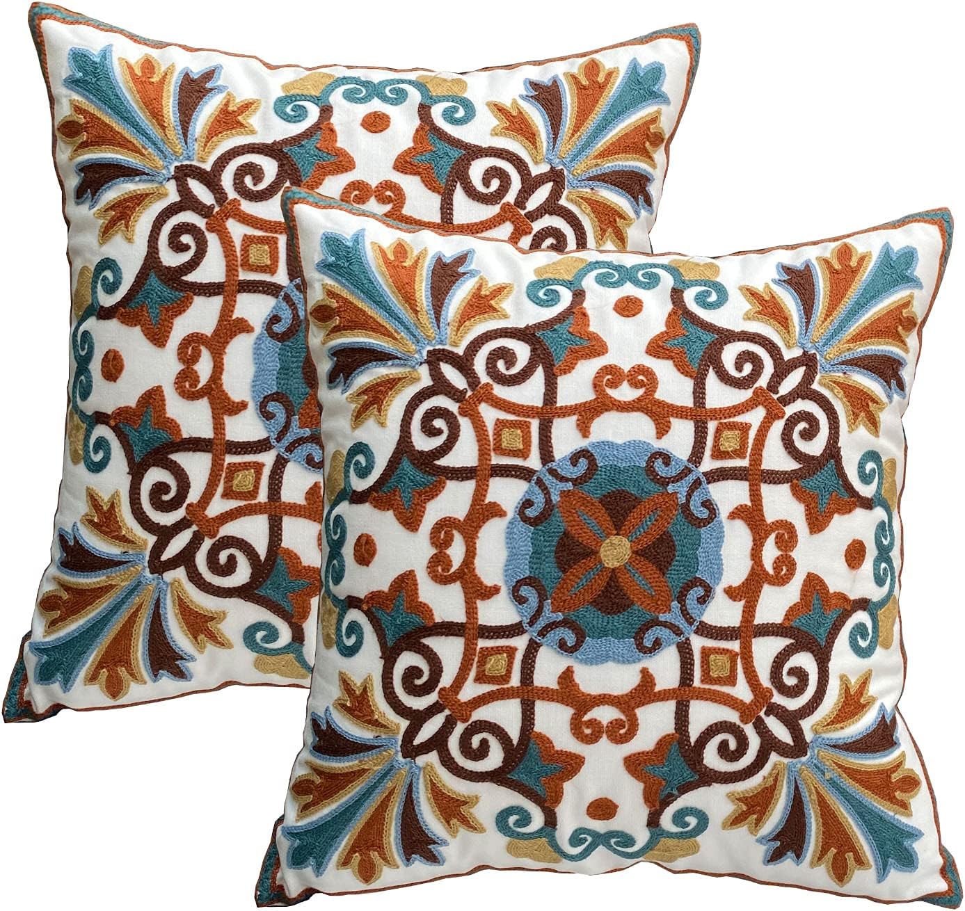 Embroidered Boho White Throw Pillow Cover — 18x18 — Pattern a