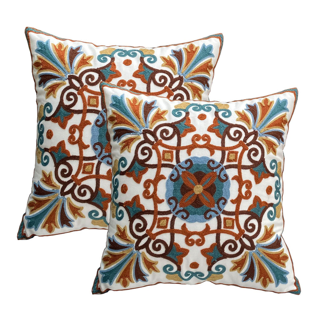 Embroidered Boho White Throw Pillow Cover — 18x18