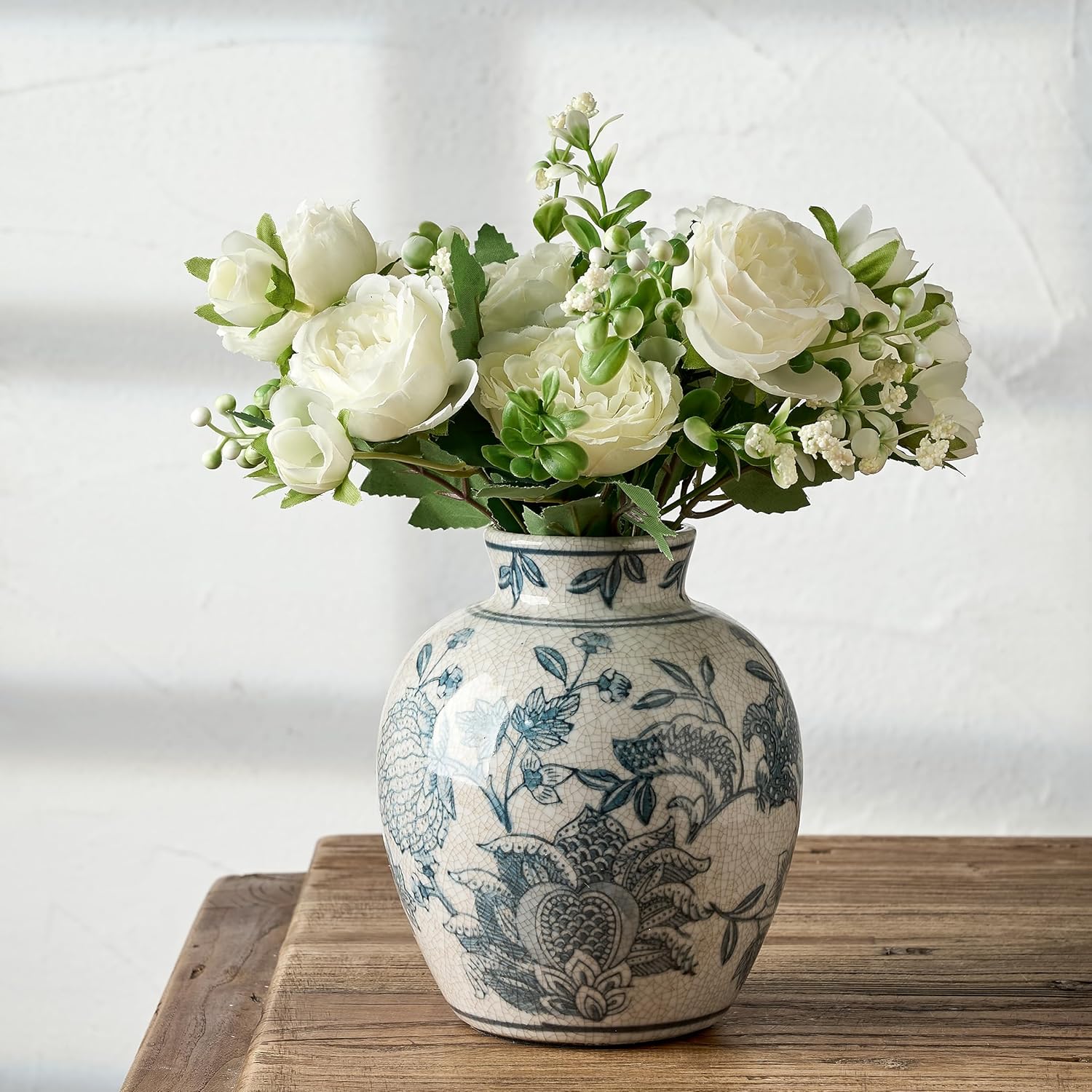 Boho Beige Flower Vase — 6" — 18443-blue and White