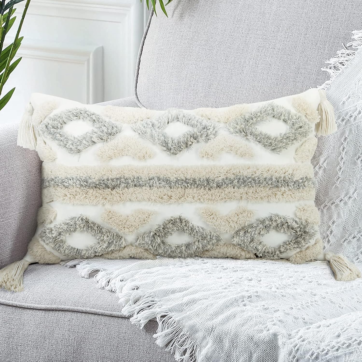 Tufted Boho Blue Pillow Cover — 18" — Grey and White 2