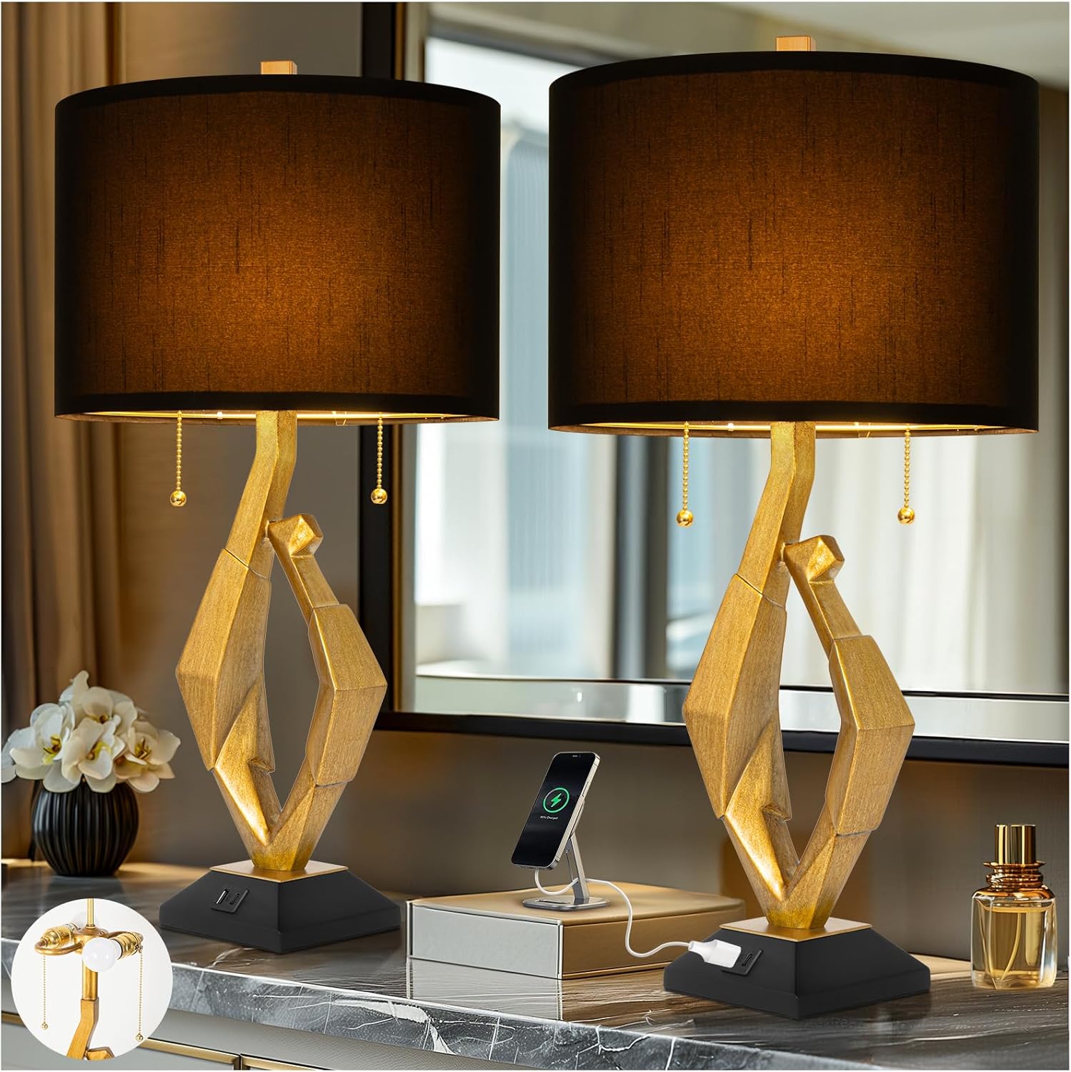 USB Luxe Stone Bedside Lamp — 26" — 26 inches Gold Leaf -029