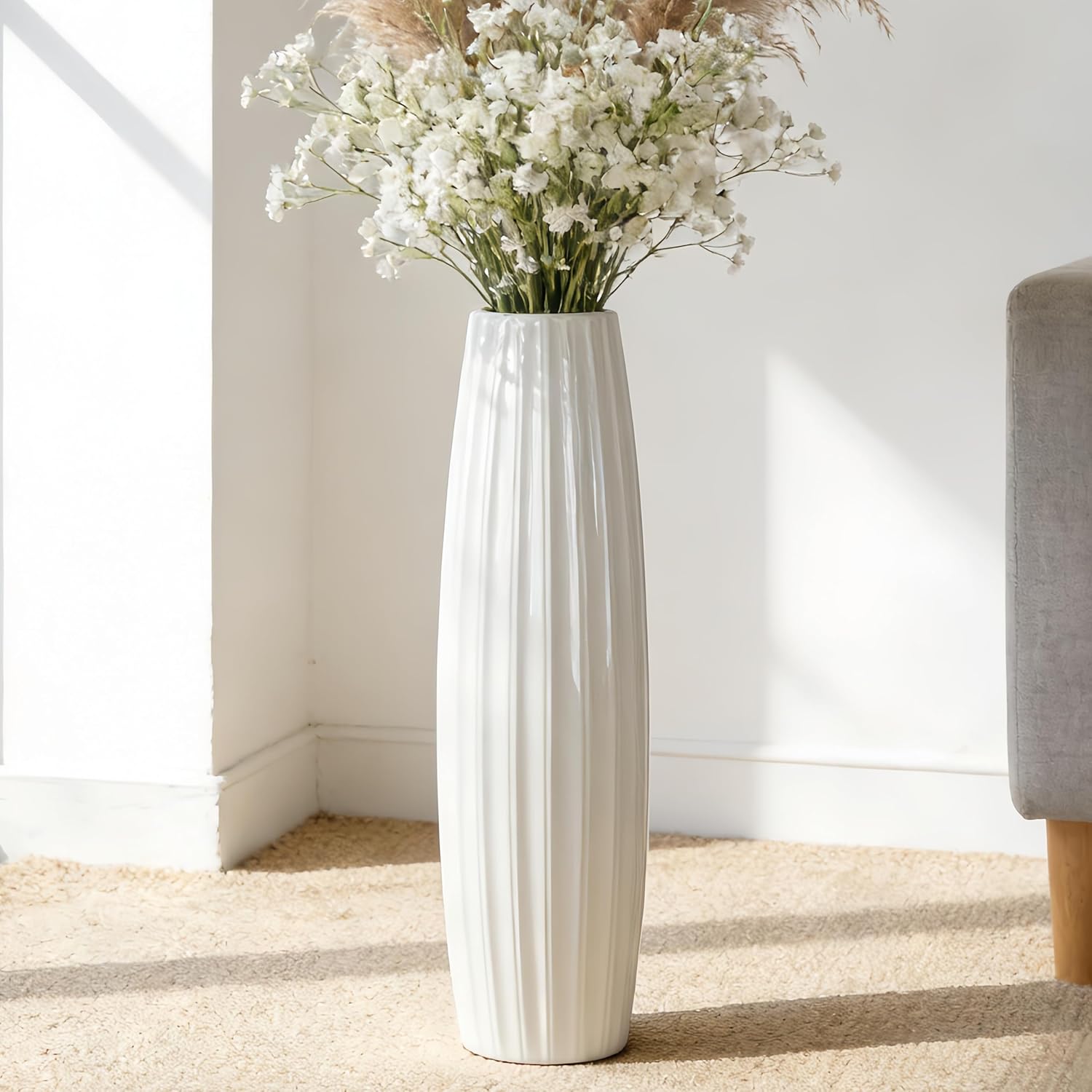 Farmhouse Ceramic Flower Vase — 17.7" — Vertical Stripes