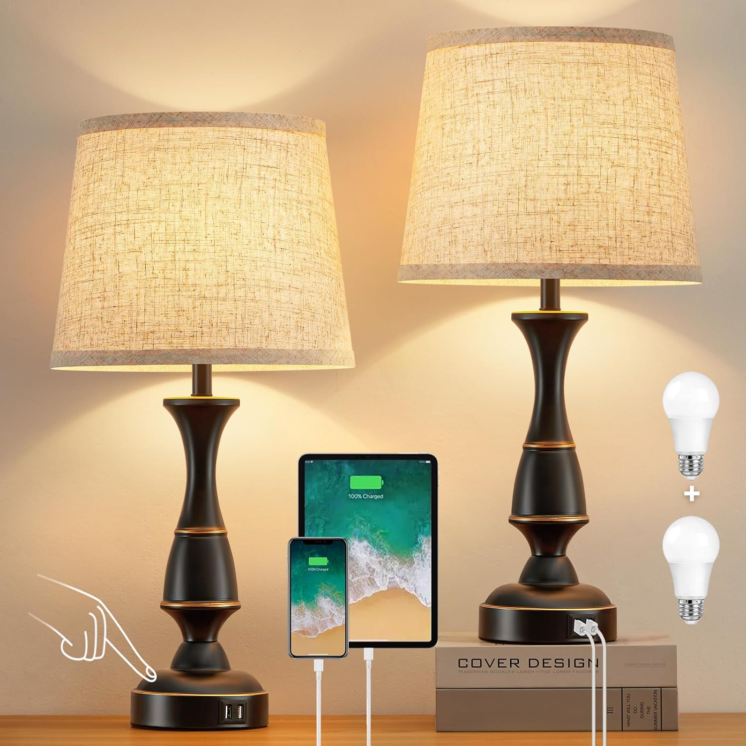 Dimmable Luxe Beige Bedside Lamp — 22" — Black base+Beige lampshade