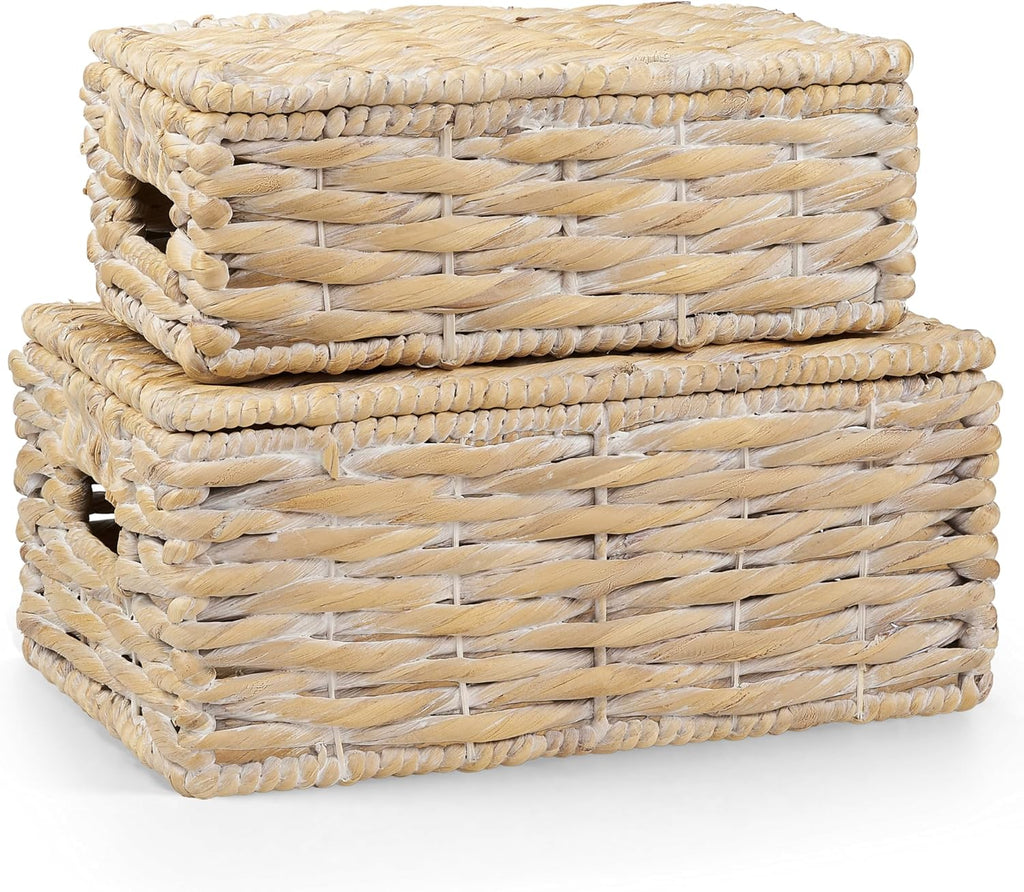 Boho Beige Woven Basket — Set of 2 — White