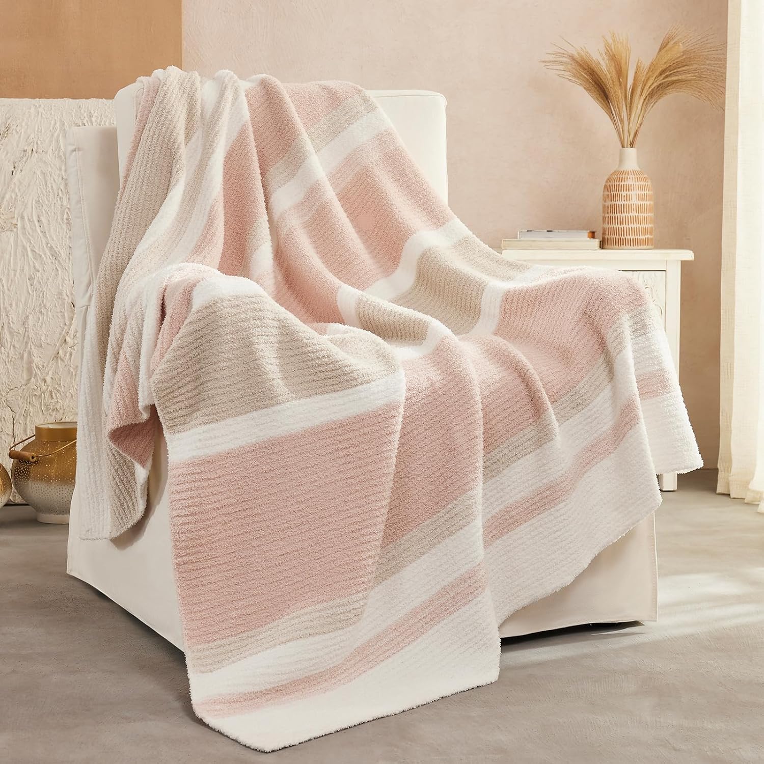 Beige Throw Pillow — 70" — Stripe Pink Khaki