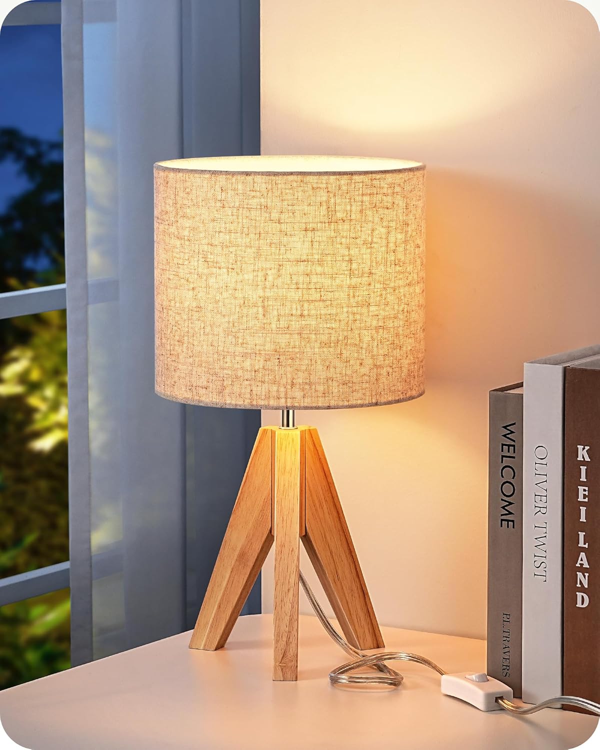 Linen Boho Wood Bedside Lamp — 2" — Vintage