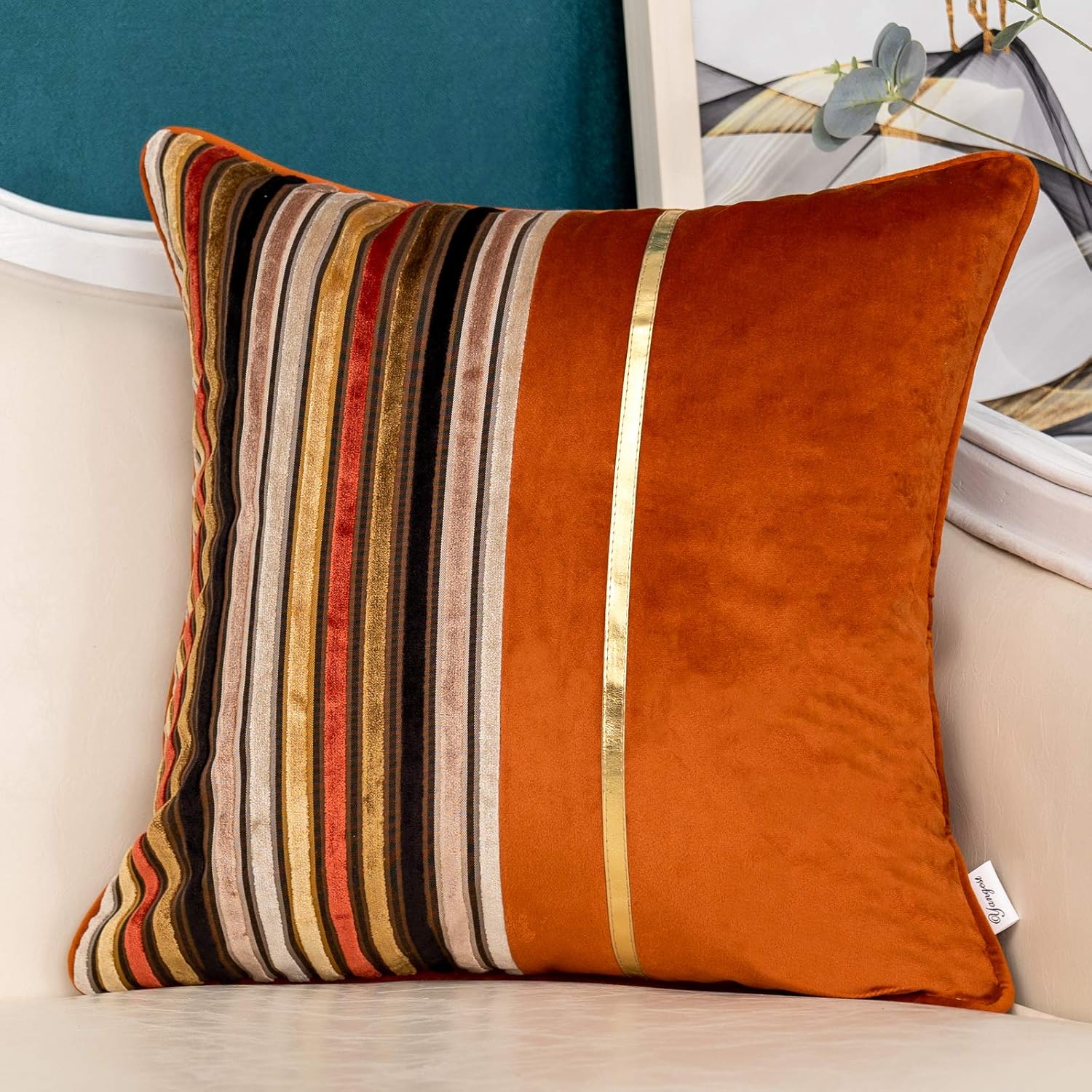 Velvet Boho Beige Throw Pillow Cover — 20" — Orange Patchwork