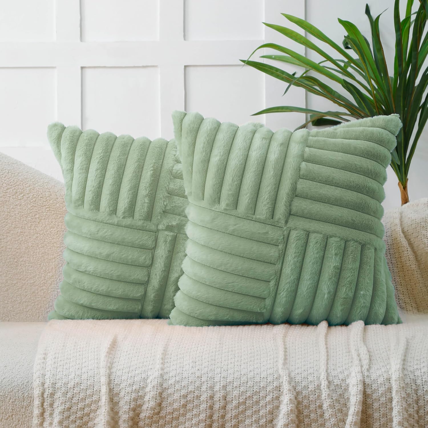 Velvet Boho Beige Throw Pillow Cover — 18" — Sagegreen