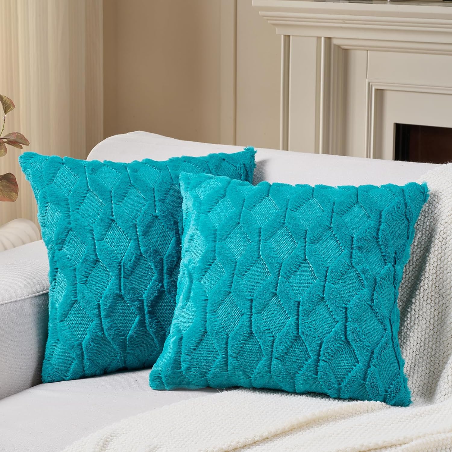 Velvet Boho Beige Throw Pillow Cover — 20" — Turquoise