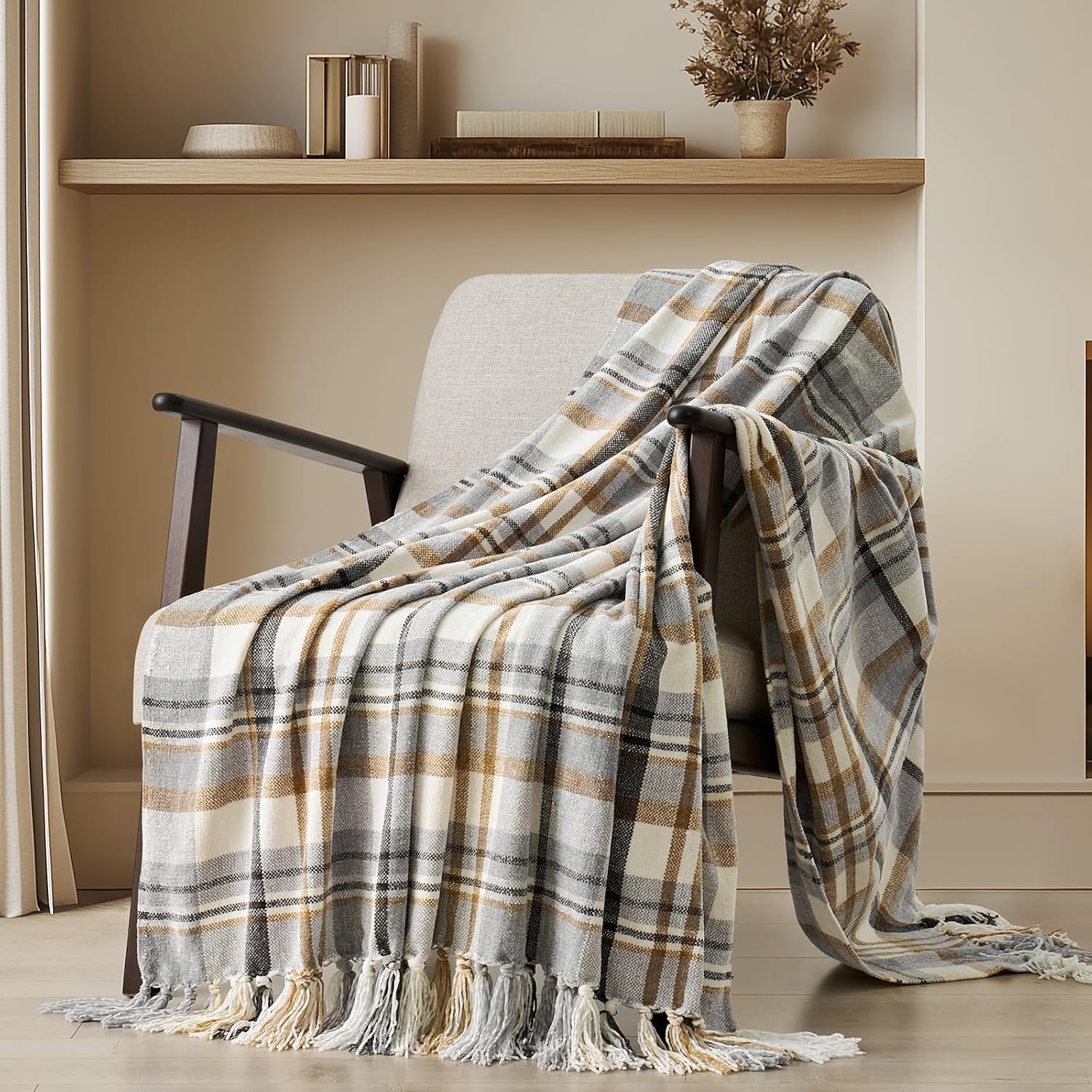 Knit Boho Beige Throw Pillow — 50" — Plaid Gray & Beige