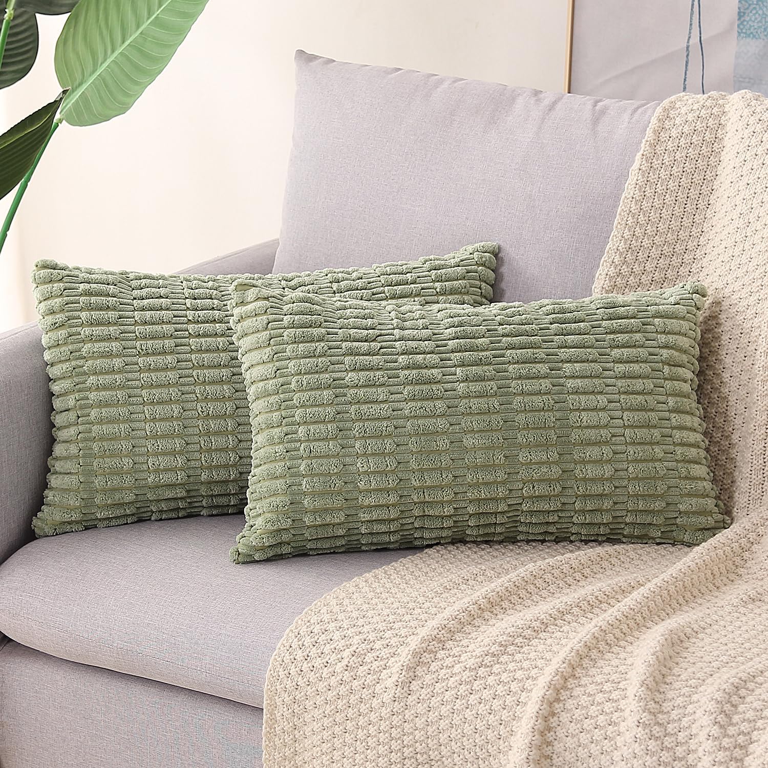 Lumbar Boho Beige Throw Pillow Cover — 20" — Green