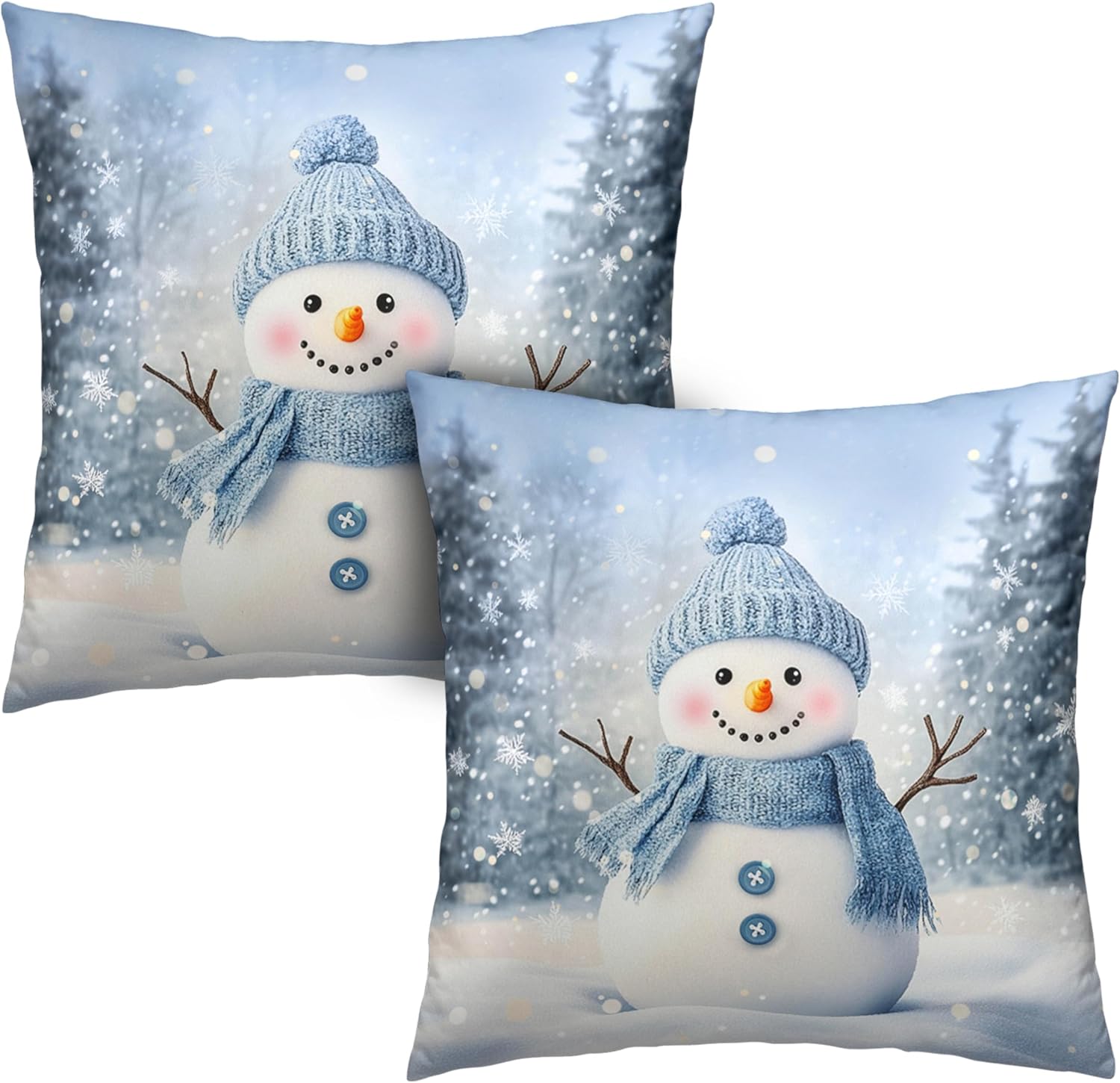 Boho Blue Throw Pillow Cover — 18" — Winter Snowman Blue