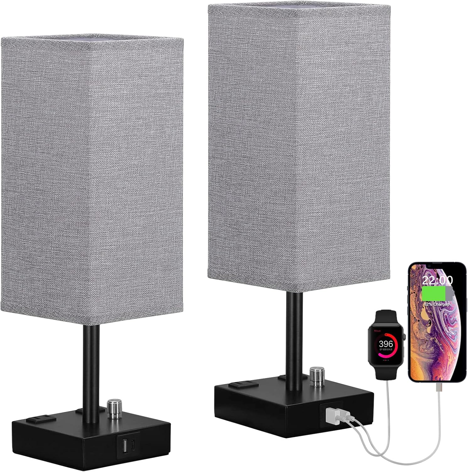 Dimmable Beige Bedside Lamp — Set of 2 — Gray