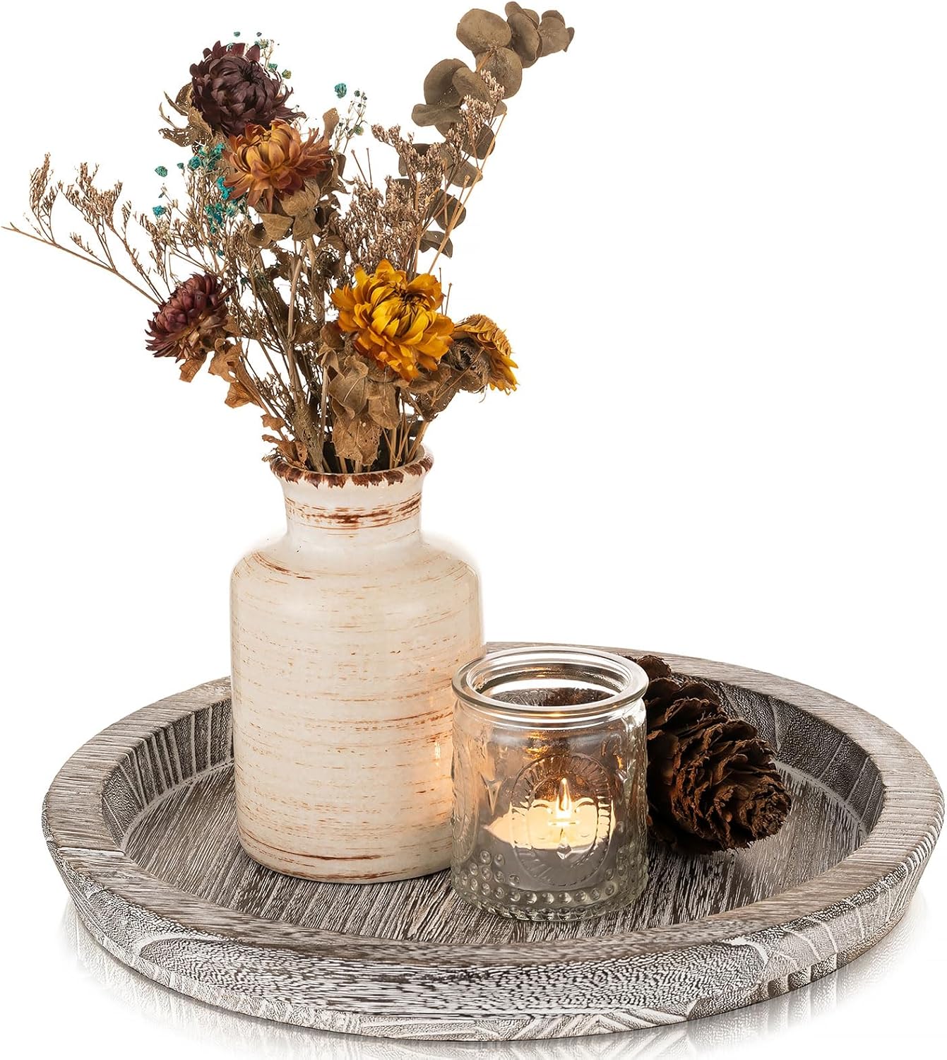 Round Farmhouse Brown Pillar Candle — Whitewashed
