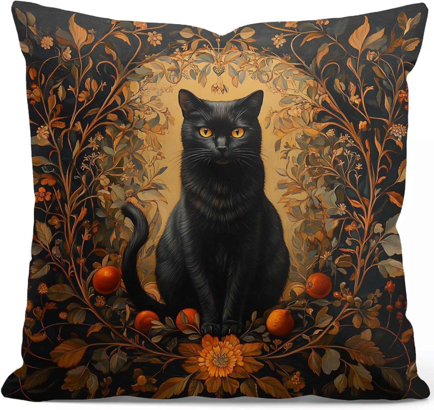 Vintage Boho Black Throw Pillow Cover — 18" — Black Cat2