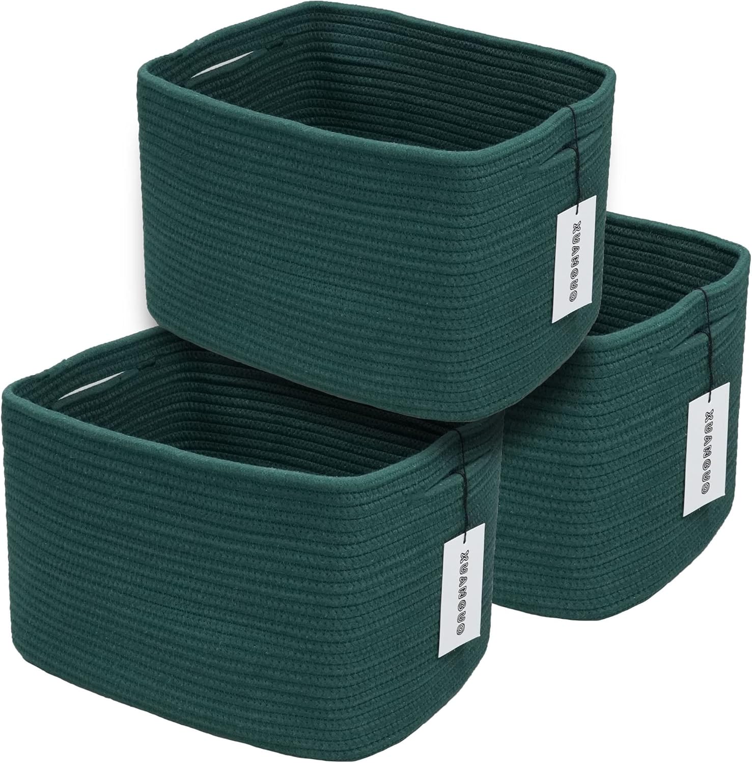 Boho Beige Woven Basket — 9.3" — dark green