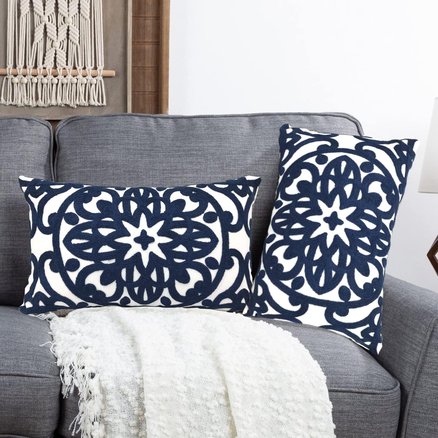 Embroidered Boho Beige Throw Pillow Cover — 12" — Navy