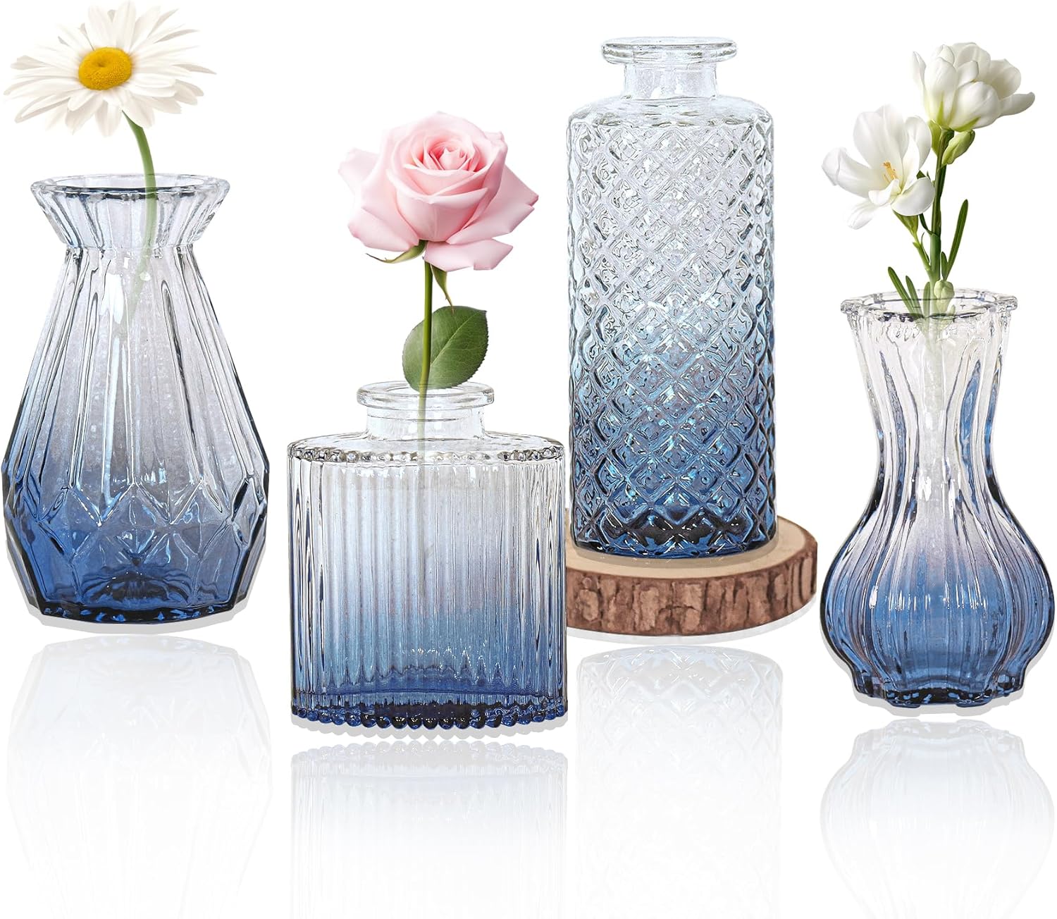 Vintage Farmhouse Blue Flower Vase — Set of 4 — Ombre Blue