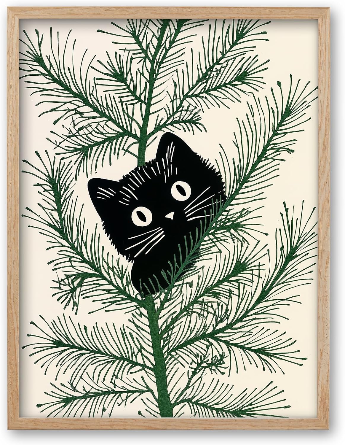 Boho Black Framed Wall Art — 16" — OAK Wood Framed Whimsical Cat