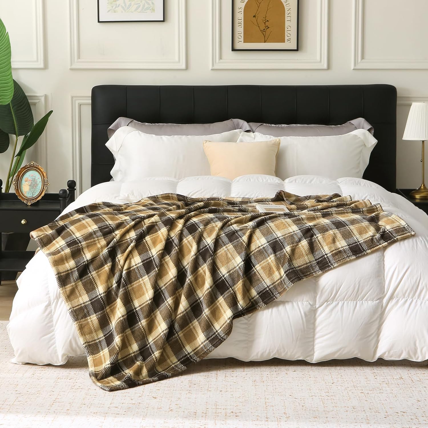 Oversized Beige Throw Pillow — 90" — Brown Plaid