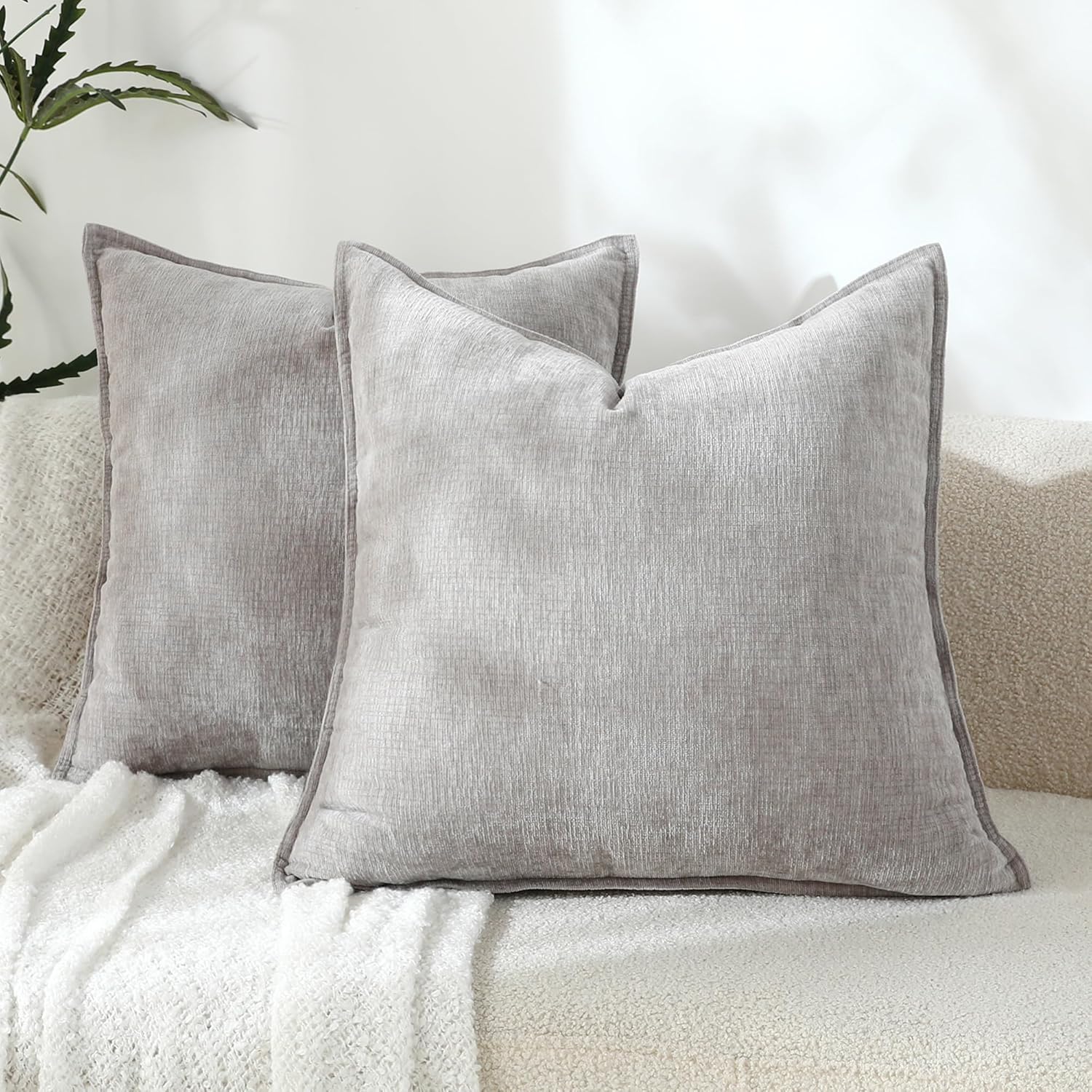 Chenille Beige Throw Pillow Cover — 20" — 20" x 20" (Pack of 2)