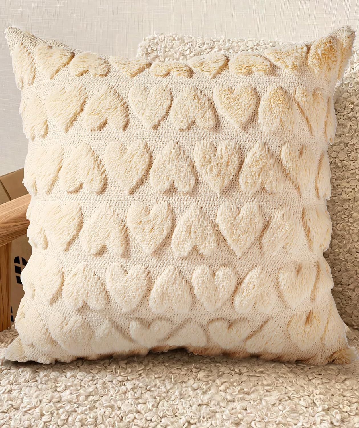 Embroidered Boho Beige Throw Pillow Cover — 18" — Beige Heart