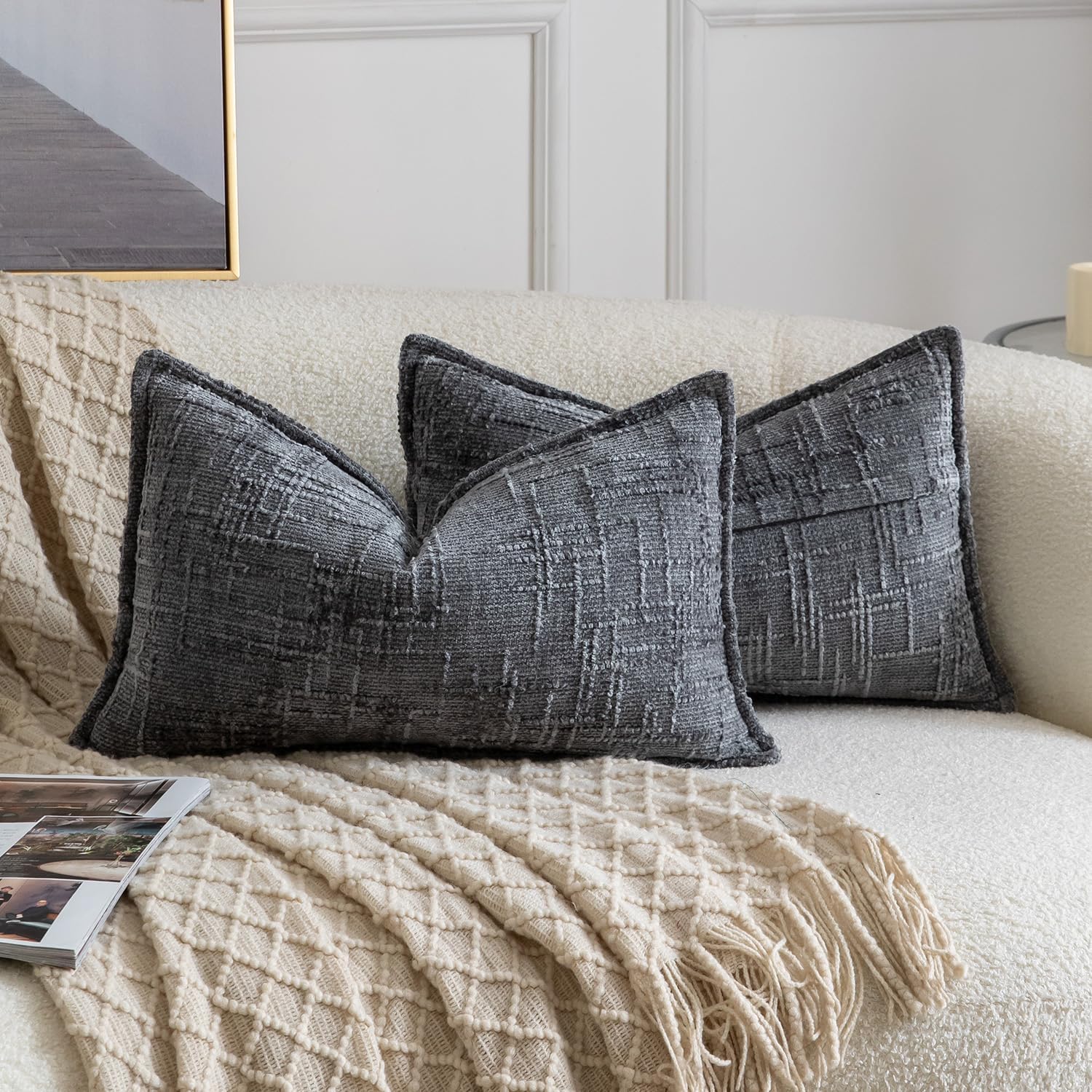 Chenille Boho Beige Throw Pillow Cover — 18" — Dark Grey