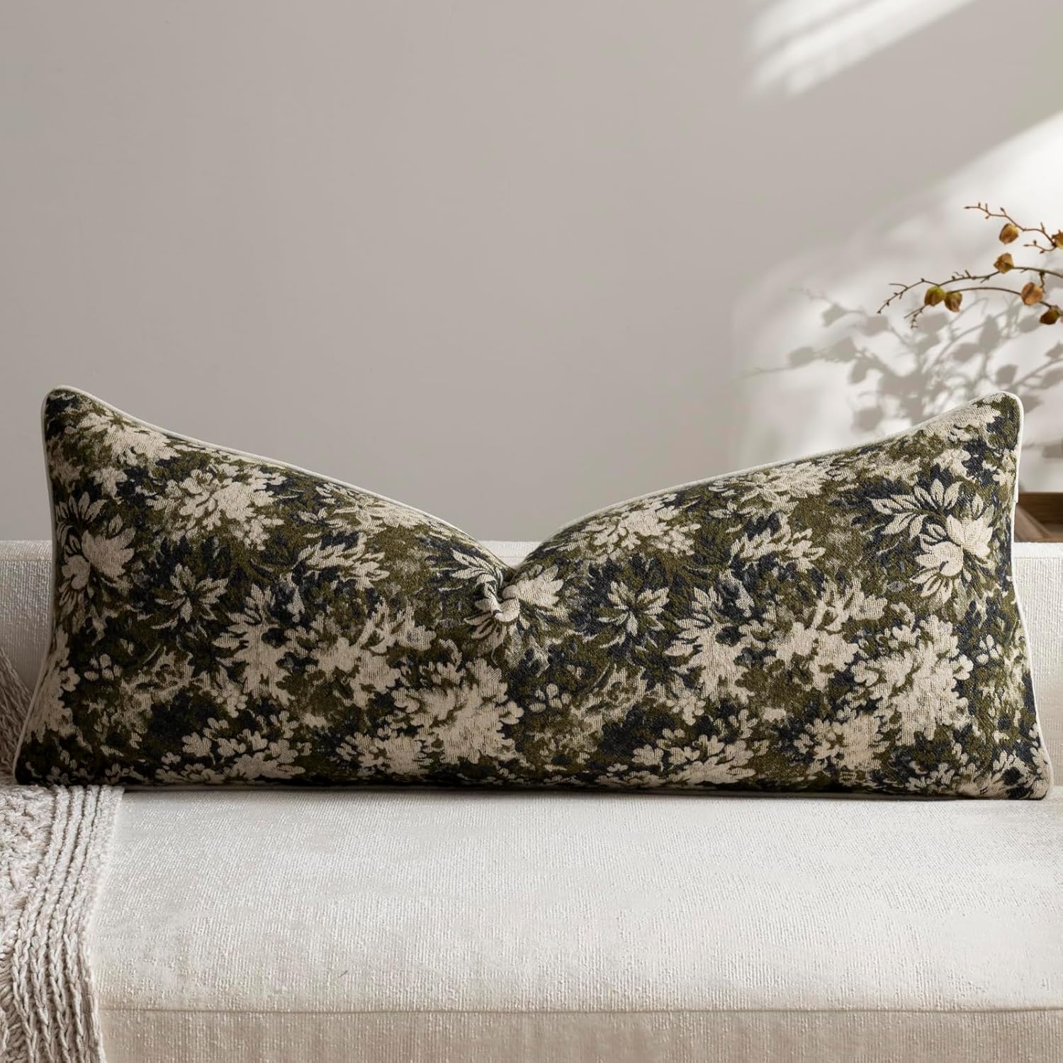 Chenille Boho Beige Pillow Cover — 20" — Olive Green
