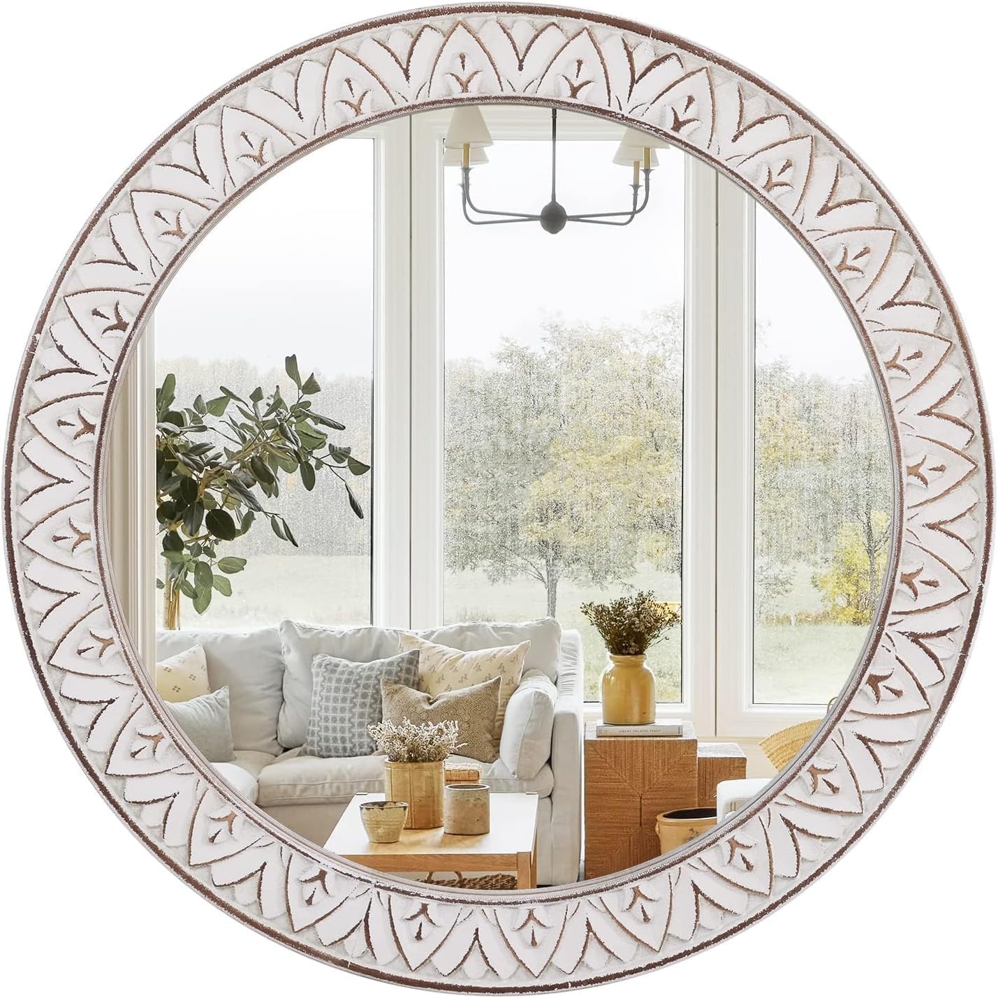 Farmhouse White Round Mirror — 24" — Flower White