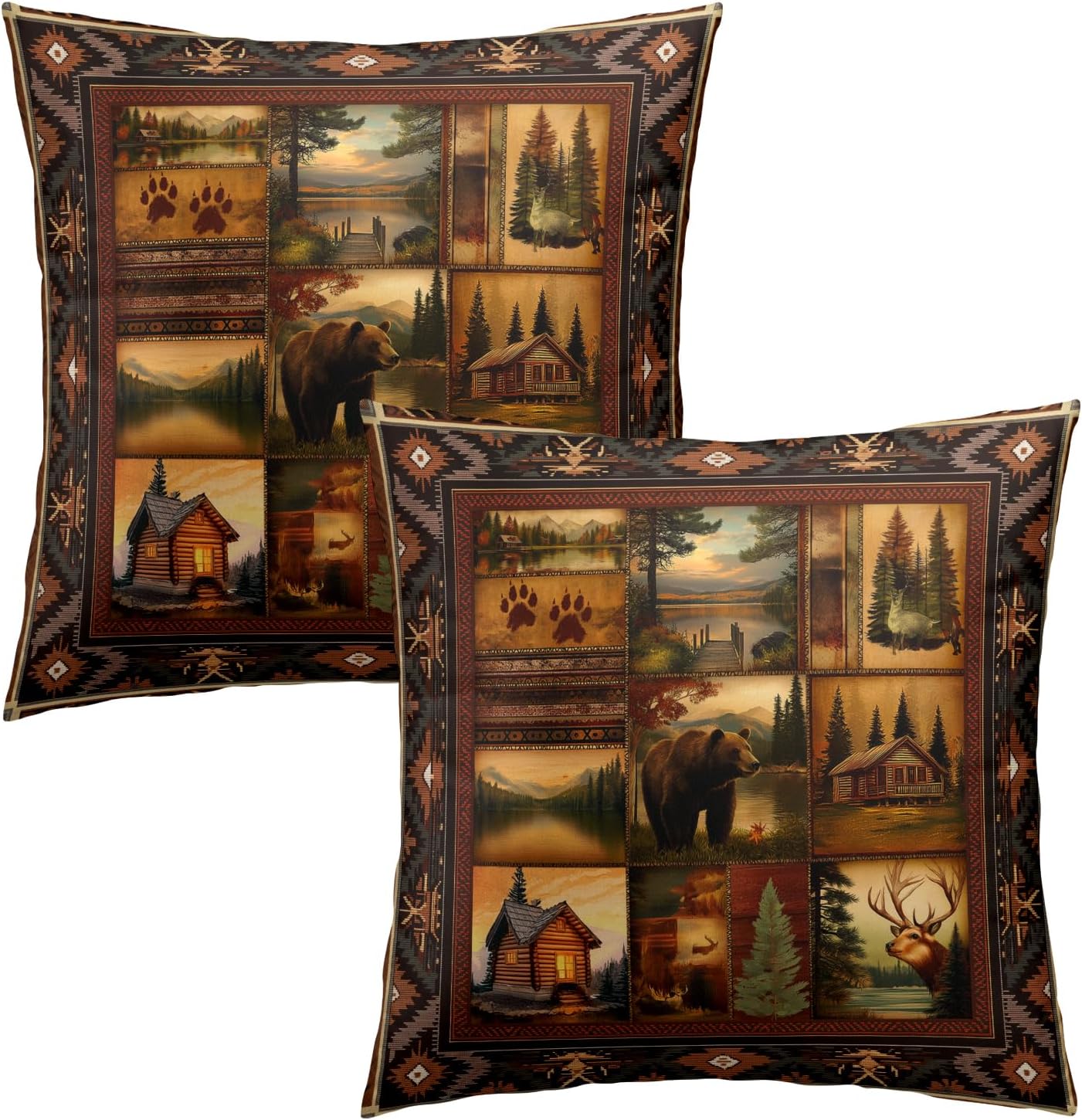 Vintage Boho Black Pillow Cover — 18" — Bear Deer