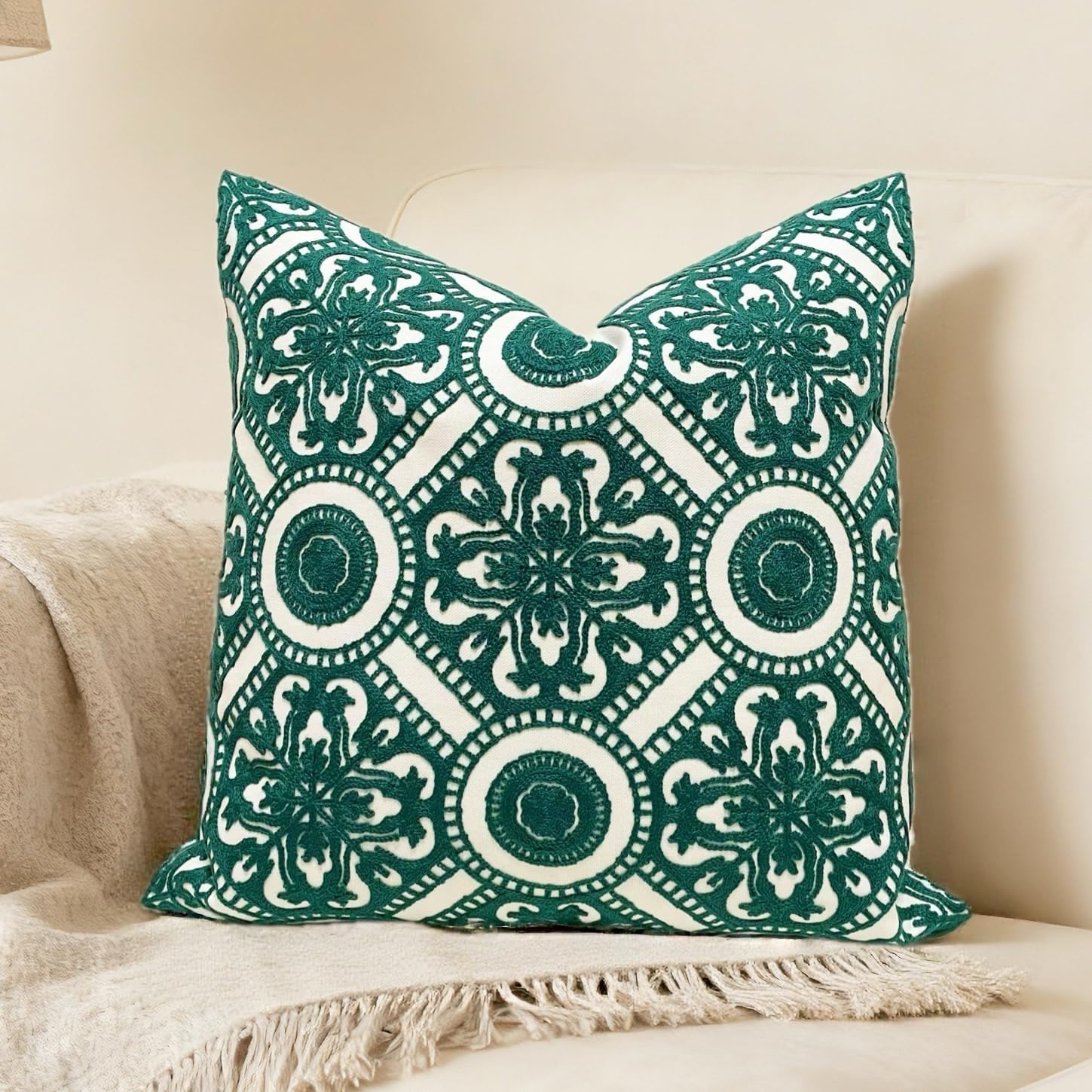 Embroidered Boho Beige Throw Pillow Cover — 18" — Dark Green Kaleidoscope