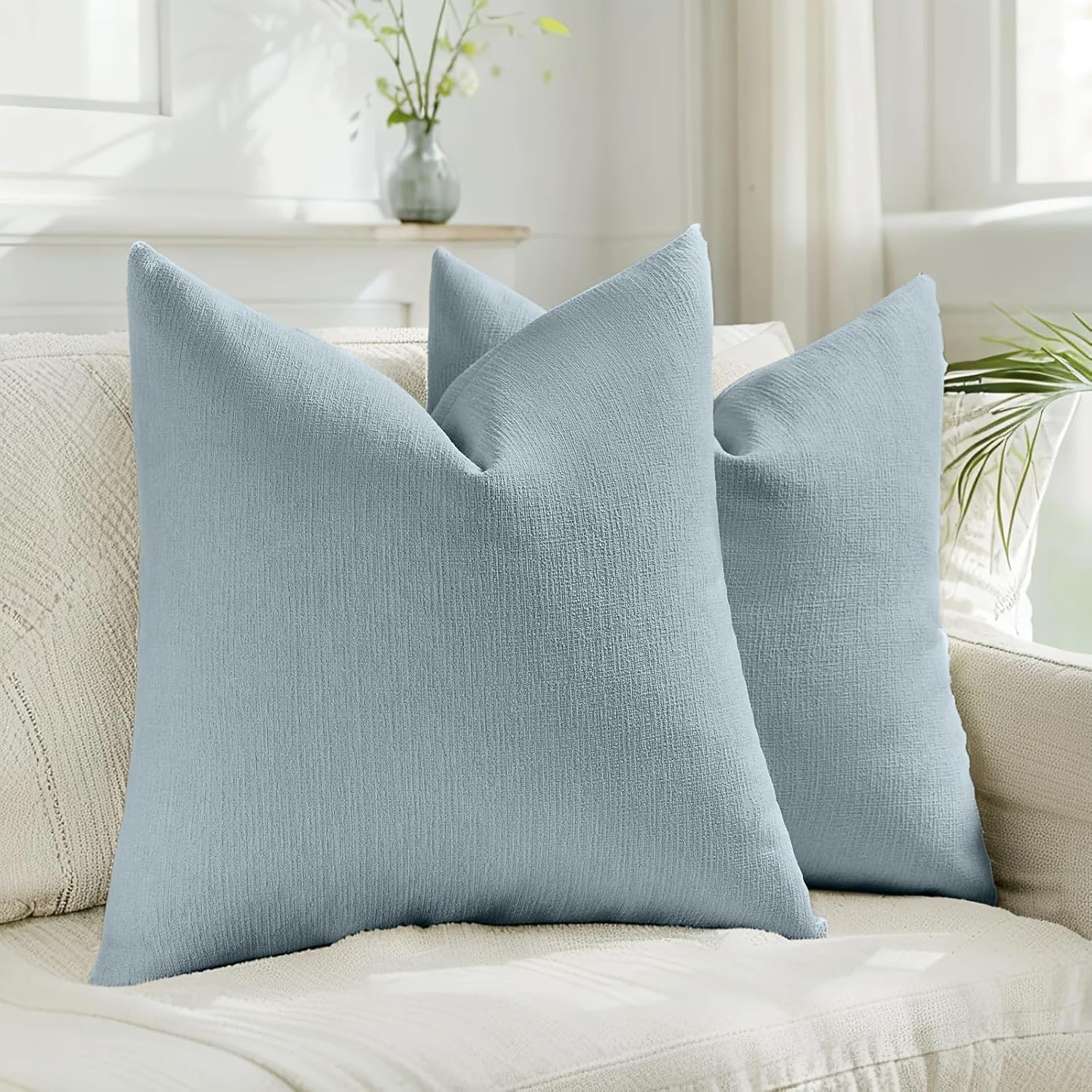 Linen Boho Beige Pillow Cover — 18" — Denim Blue