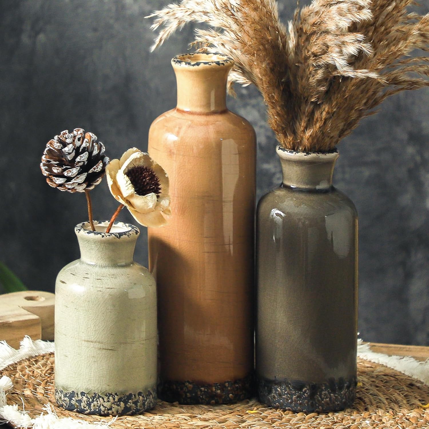 Vintage Farmhouse Blue Flower Vase — Set of 3 — 007 Rustic - Brown